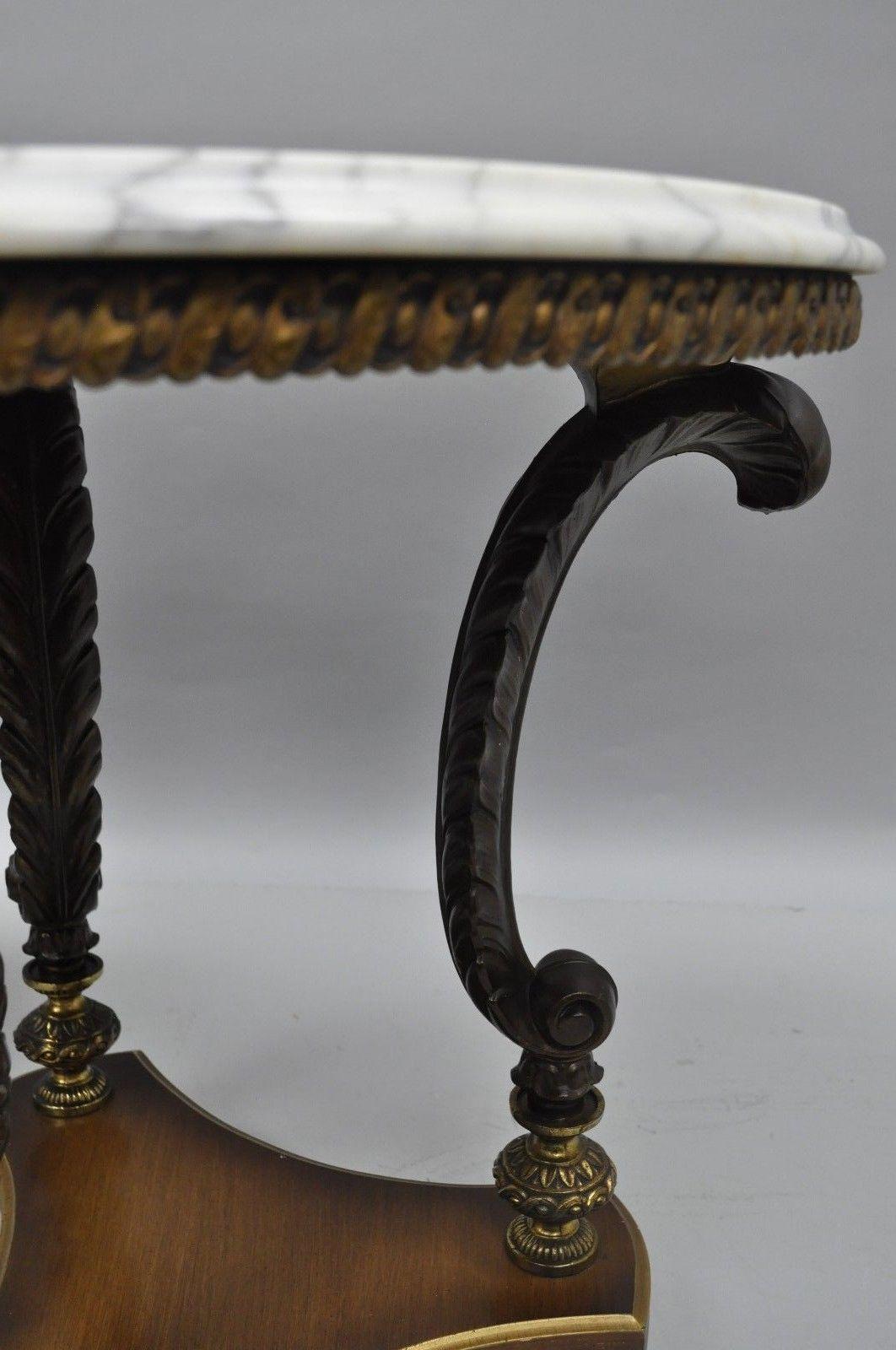 Hollywood Regency French Style Marble Top Plume White Metal End Side Tables Pair In Good Condition In Philadelphia, PA