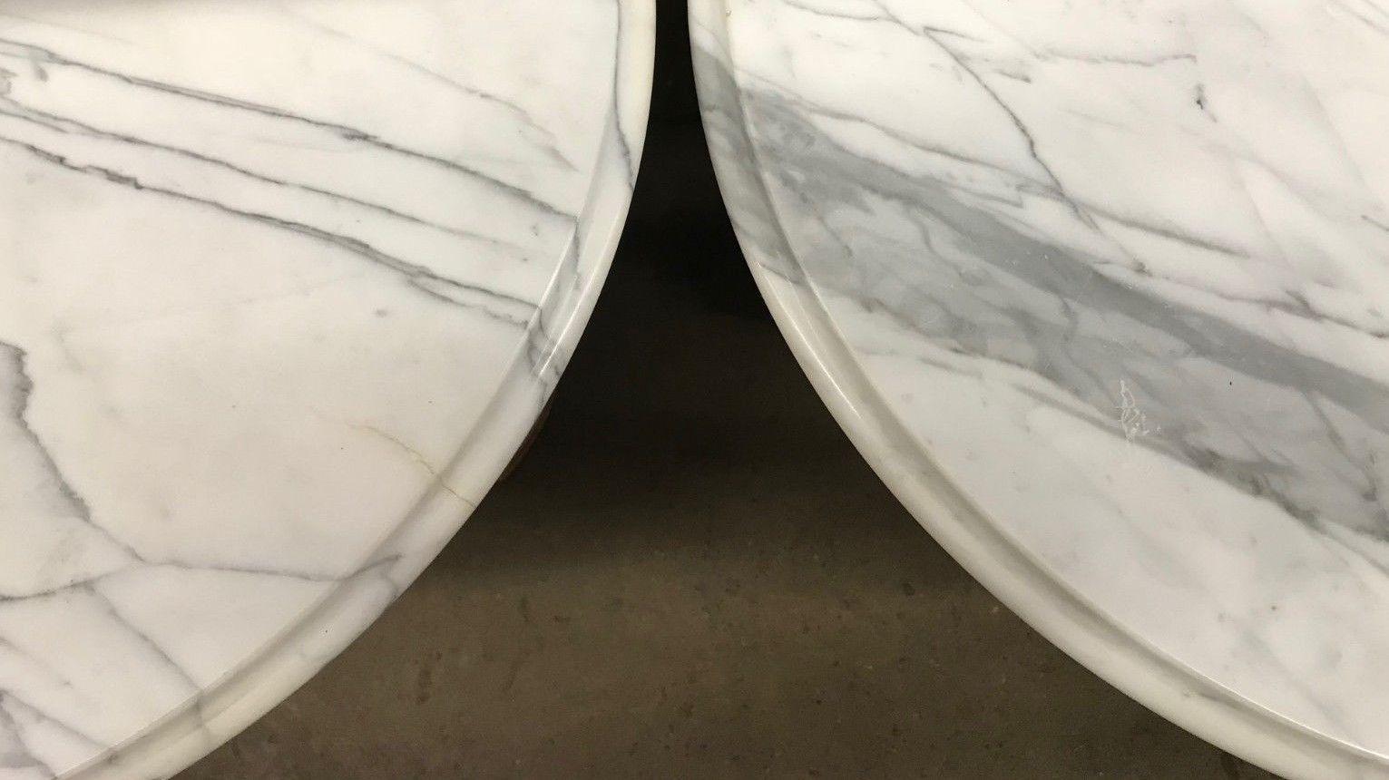 Hollywood Regency French Style Marble Top Plume White Metal End Side Tables Pair 4