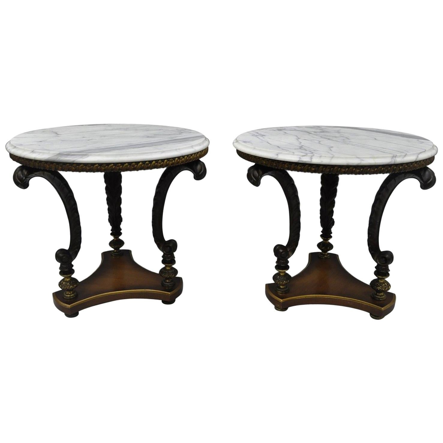 Hollywood Regency French Style Marble Top Plume White Metal End Side Tables Pair