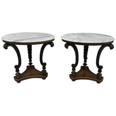 Hollywood Regency French Style Marble Top Plume White Metal End Side Tables Pair