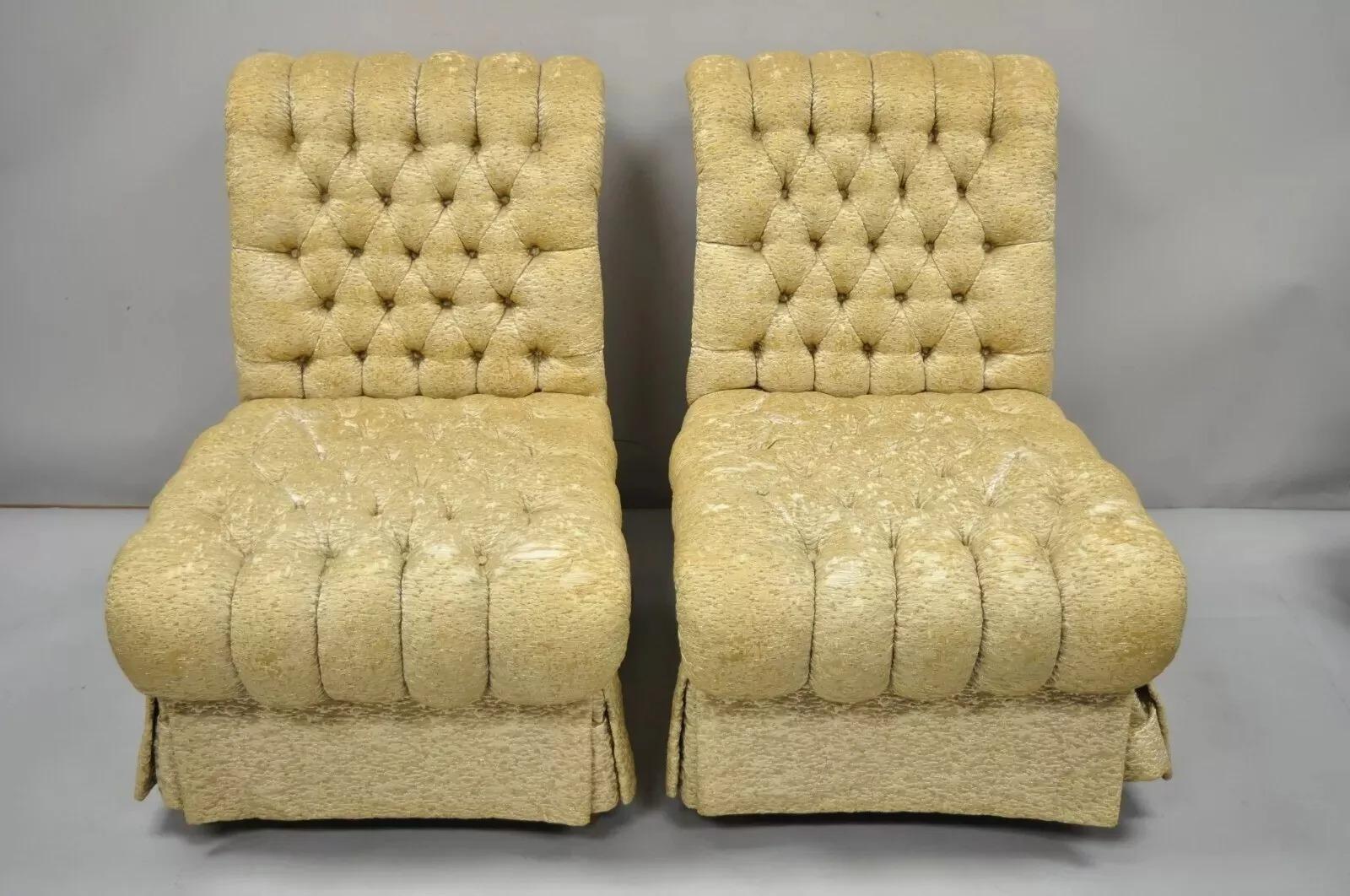 Hollywood Regency French Style Rolled Back Tufted Slipper Lounge Chairs - Pair. Item features dramatic rolled backs, button tufted upholstery, comfortable deep frames, solid wood tall legs, very nice vintage item, sleek sculptural form. Circa Early