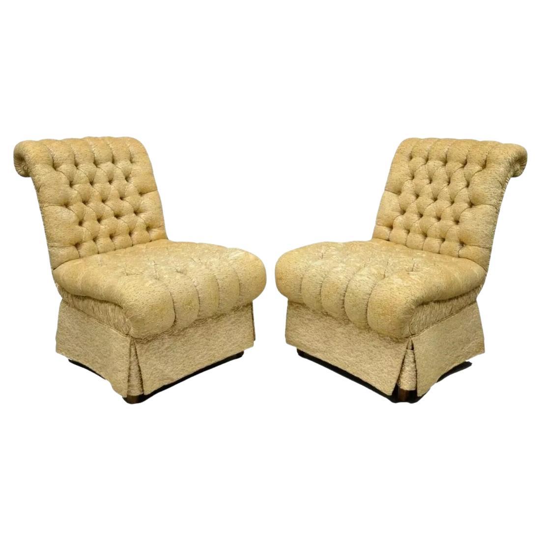 Hollywood Regency French Style Rolled Back Tufted Slipper Lounge Chairs - Pair