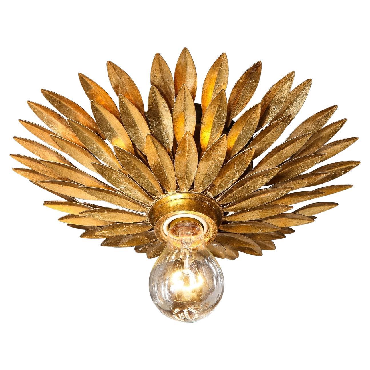 Hollywood Regency Gilded Brass Starburst Flush Mount Chandelier