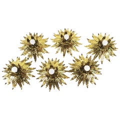 Used Hollywood Regency Gilded Brass Sunburst Wall Ceiling Lamps, 1960s, Italy