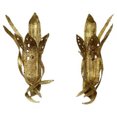 Brutalist Gilded Foliage sconces by Paul Moerenhout, 1970s.