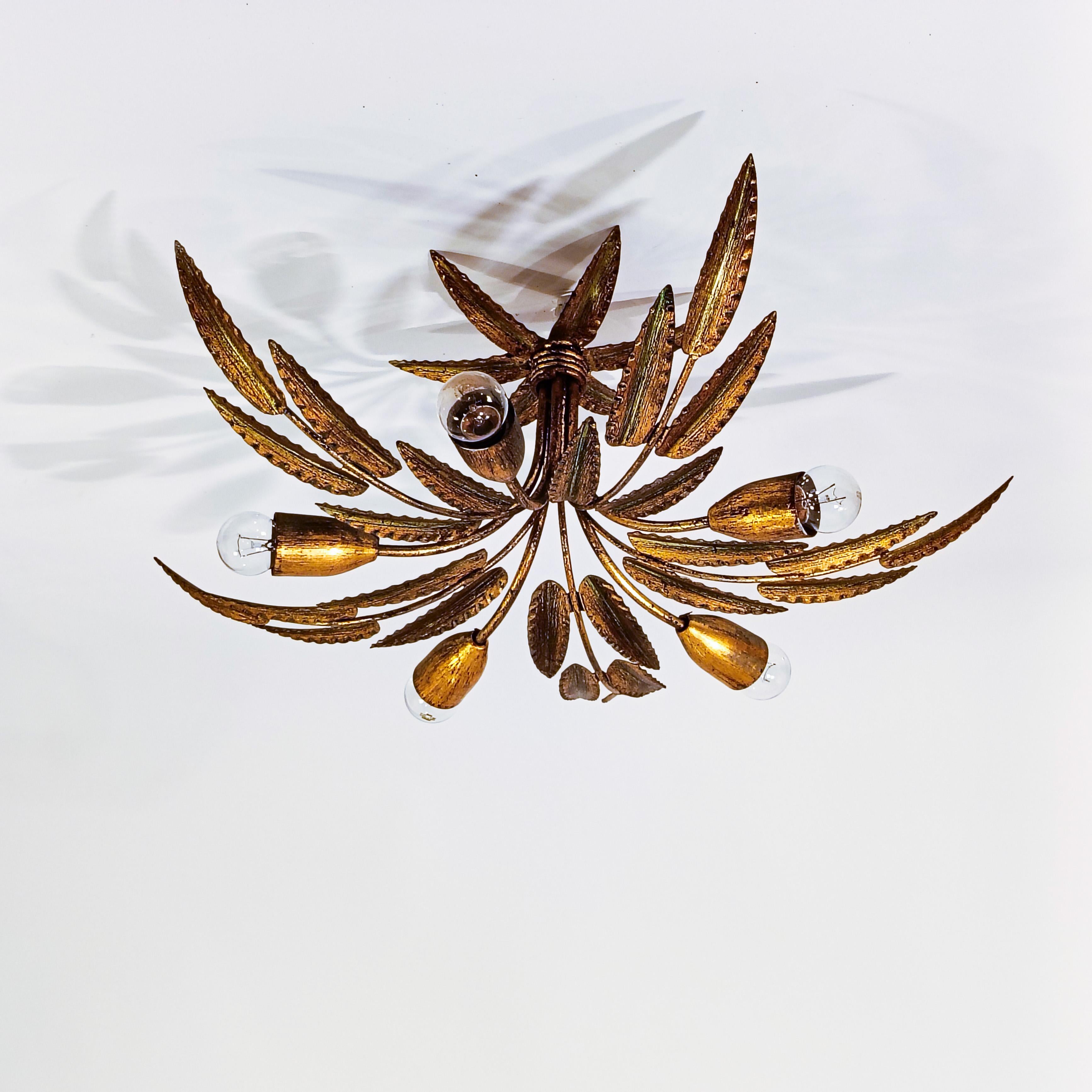 Hollywood Regency. Gilded leaves flush mount by Ferro Art, Spain, 1950s For Sale 3