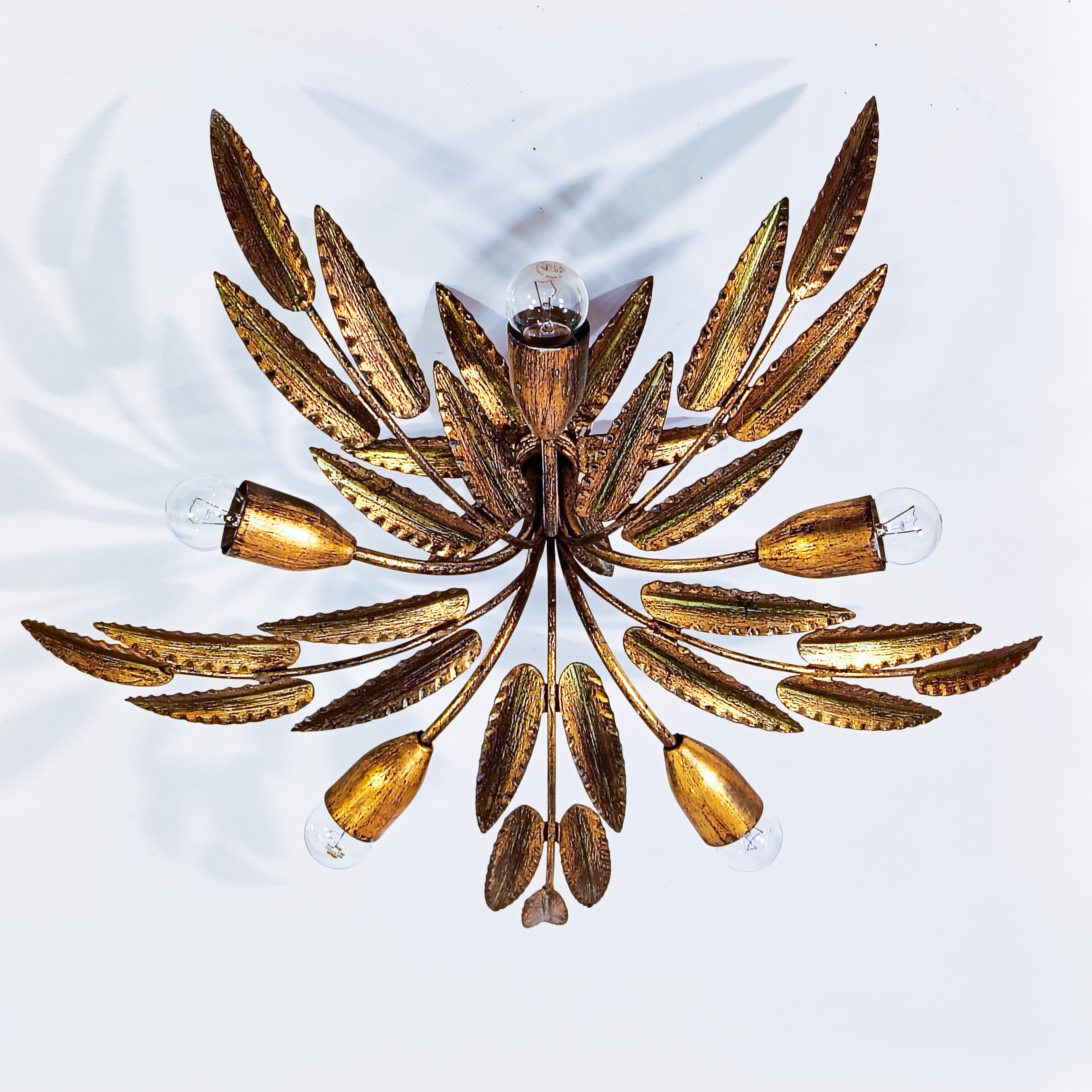 Spanish Hollywood Regency. Gilded leaves flush mount by Ferro Art, Spain, 1950s For Sale