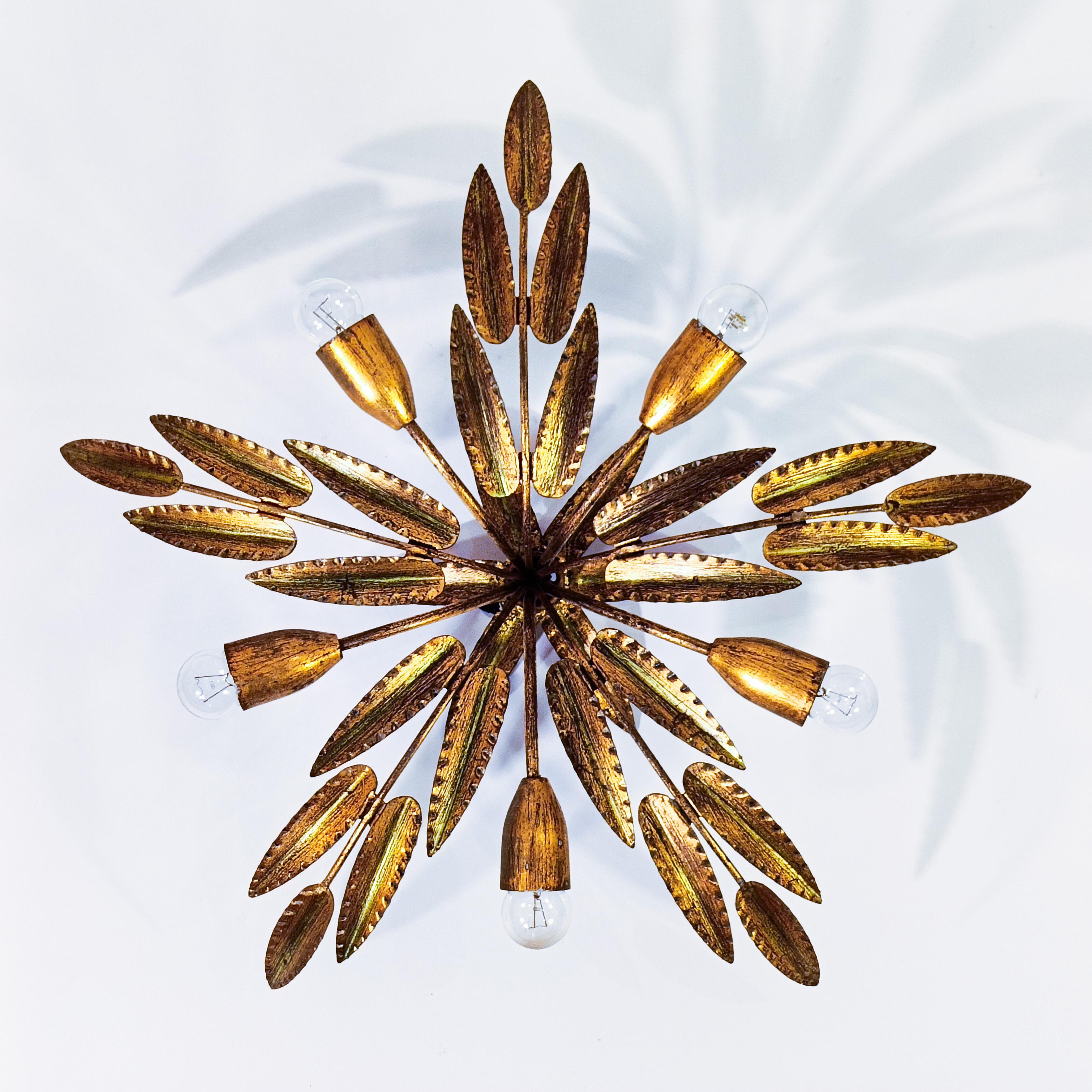 Gilt Hollywood Regency. Gilded leaves flush mount by Ferro Art, Spain, 1950s For Sale