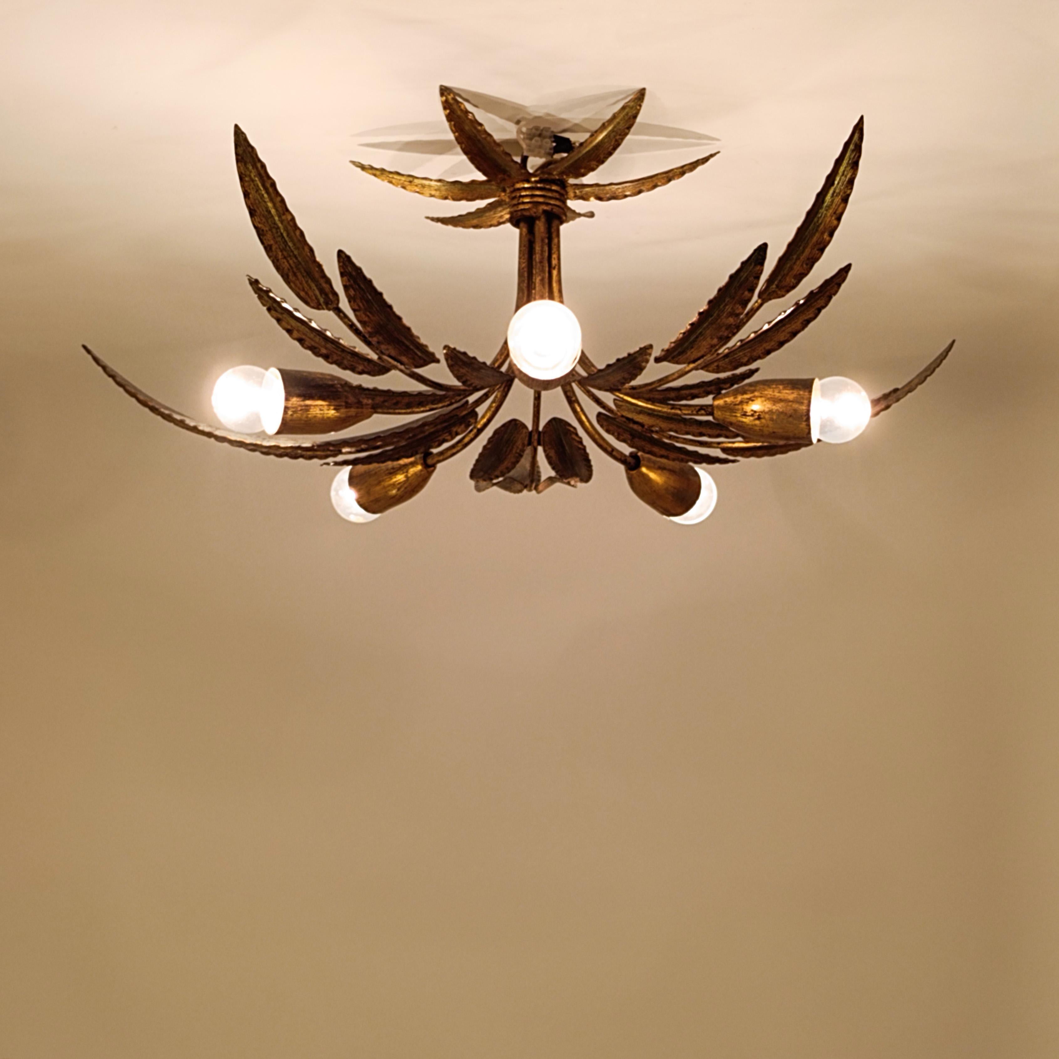 Mid-20th Century Hollywood Regency. Gilded leaves flush mount by Ferro Art, Spain, 1950s For Sale