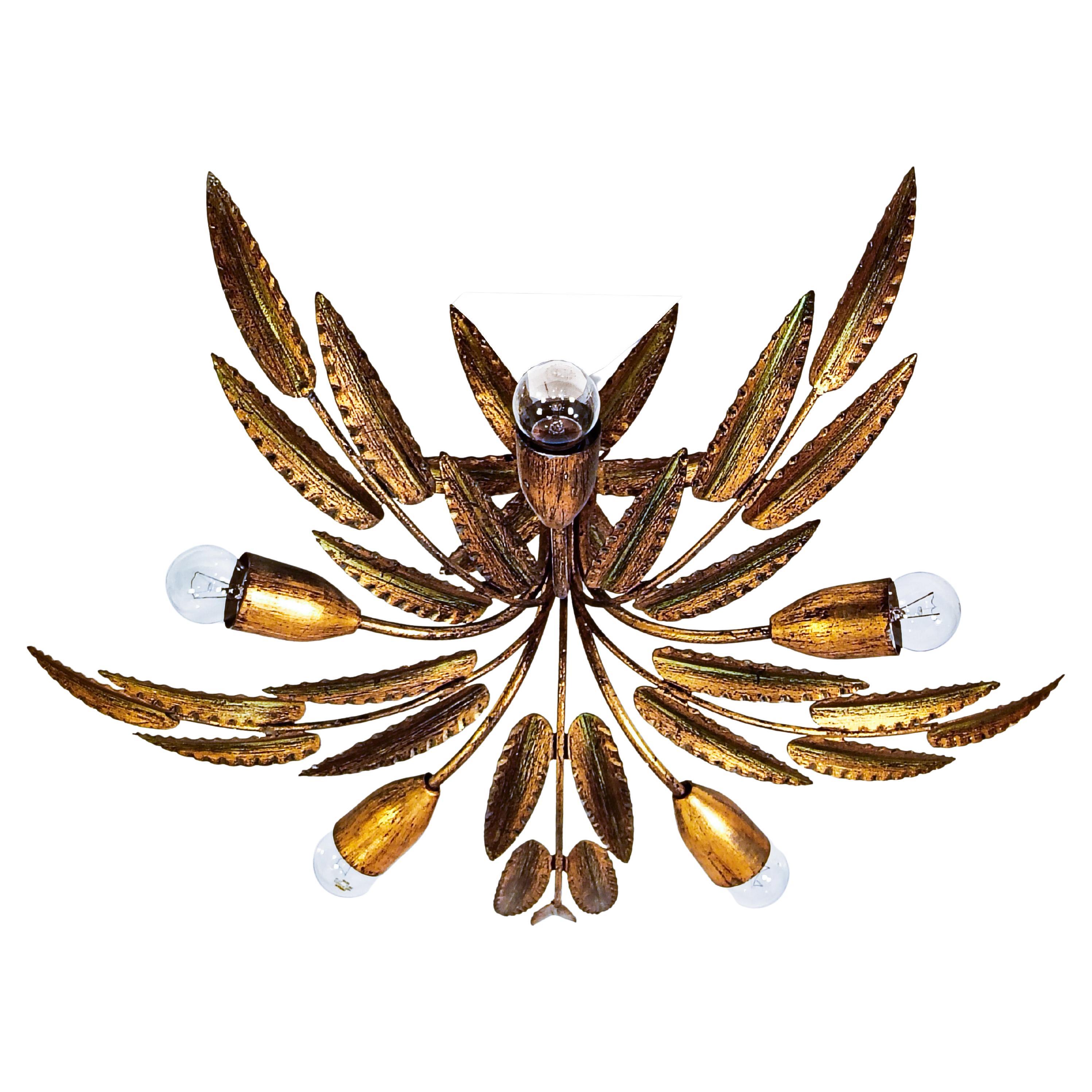 Hollywood Regency. Gilded leaves flush mount by Ferro Art, Spain, 1950s For Sale