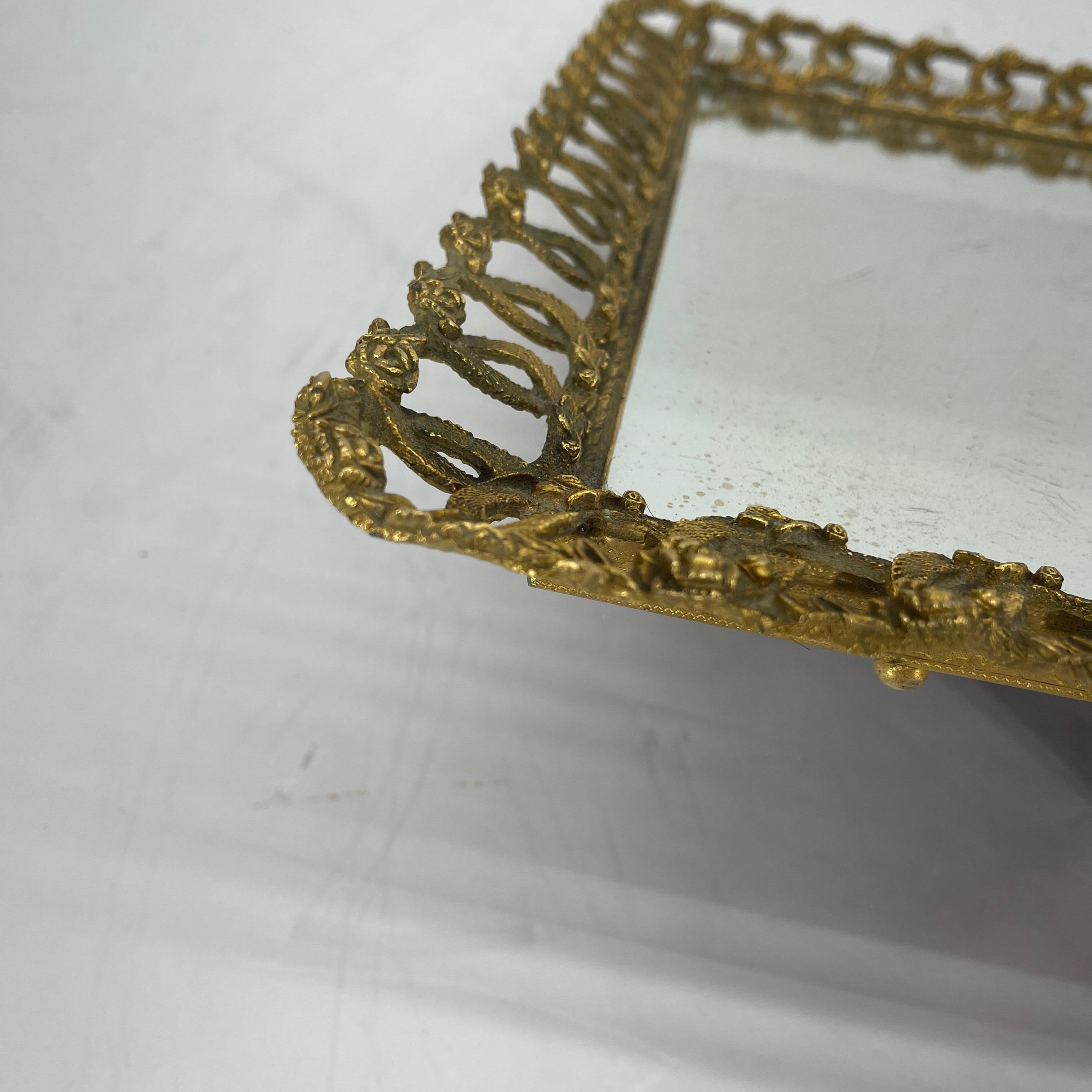 Hollywood Regency Gilded Mirrored Serving Tray with Filigree Design 11