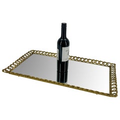 Hollywood Regency Gilded Mirrored Serving Tray with Filigree Design