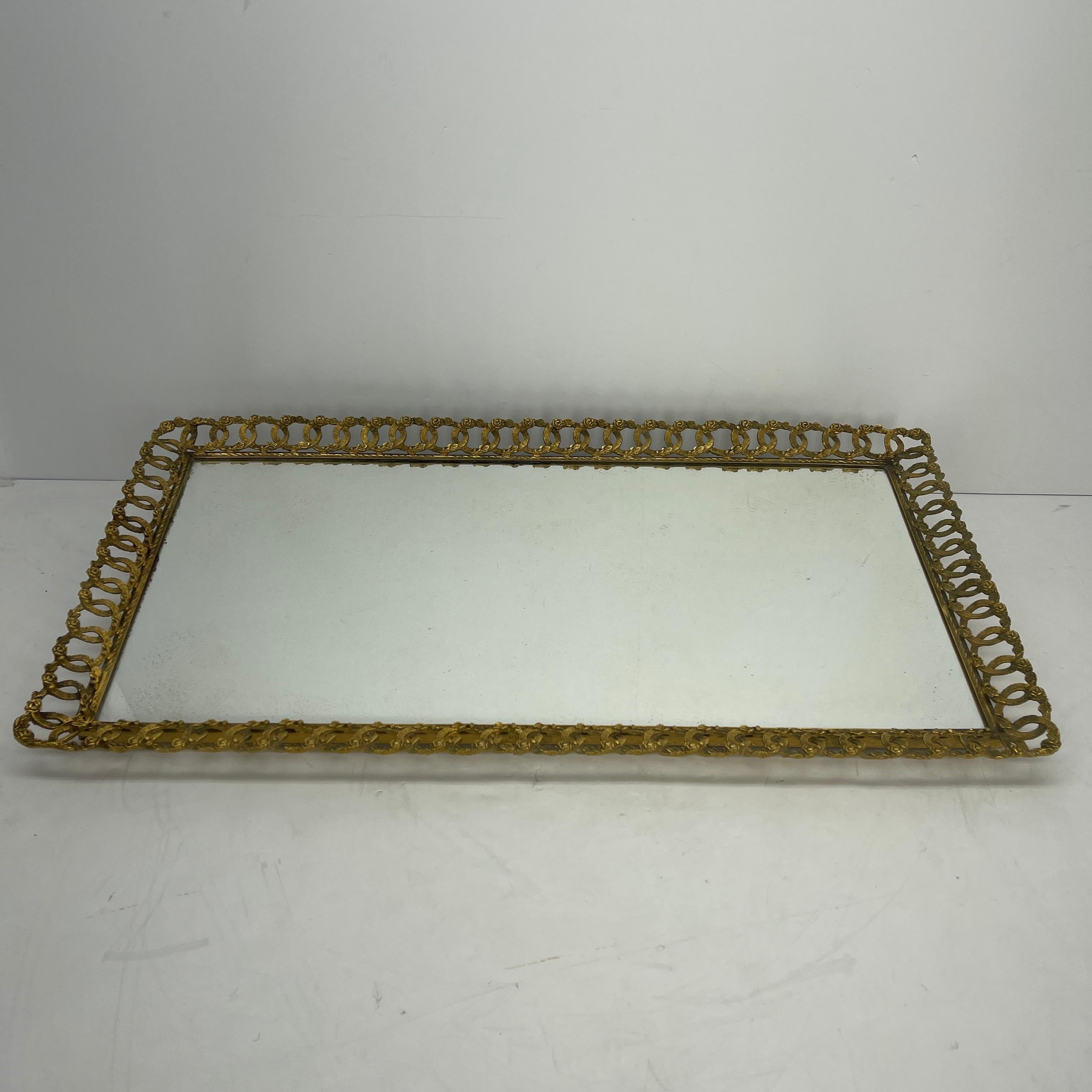 Hollywood Regency Gilded Mirrored Serving Tray with Filigree Design In Good Condition In Haddonfield, NJ