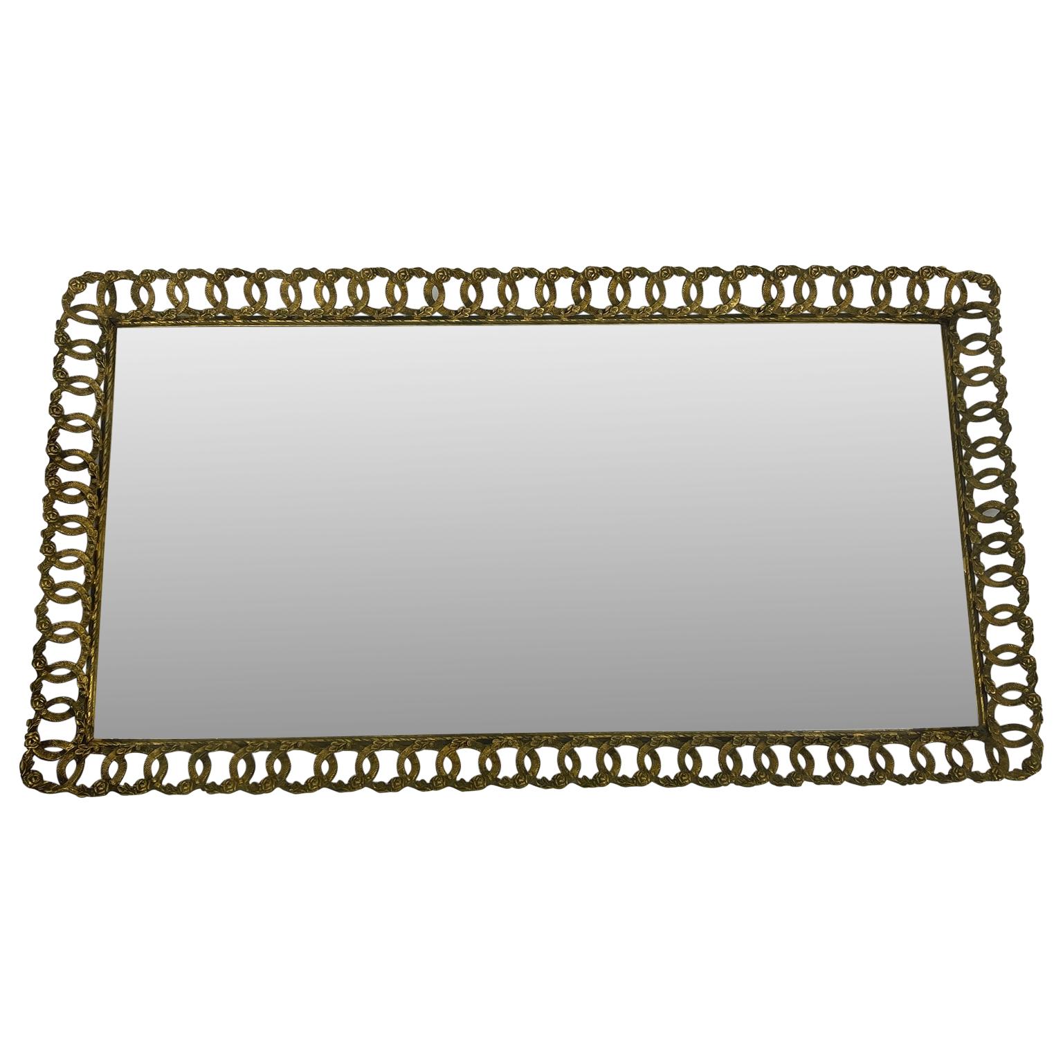 Gilt Hollywood Regency Gilded Mirrored Serving Tray with Filigree Design