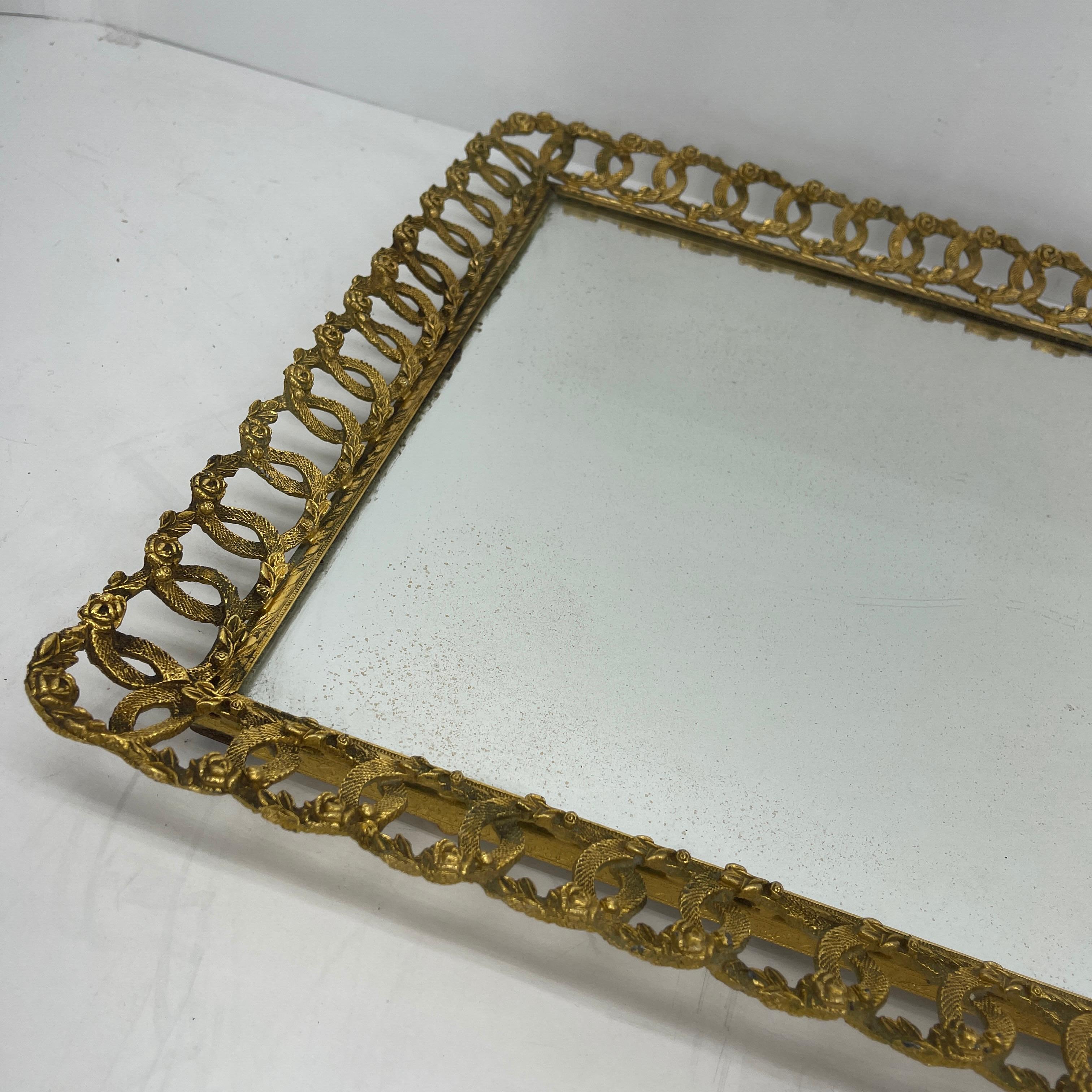 20th Century Hollywood Regency Gilded Mirrored Serving Tray with Filigree Design