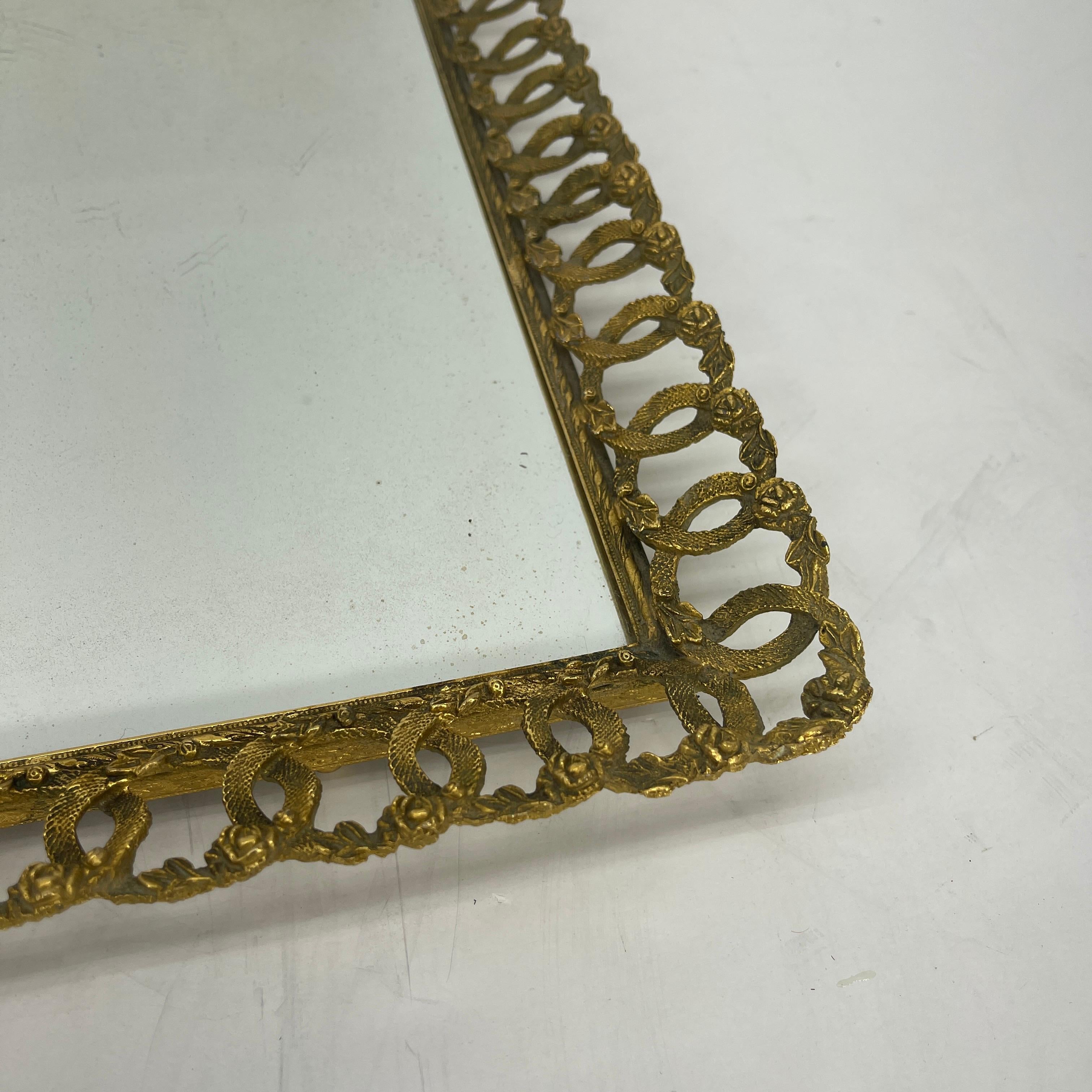 Metal Hollywood Regency Gilded Mirrored Serving Tray with Filigree Design