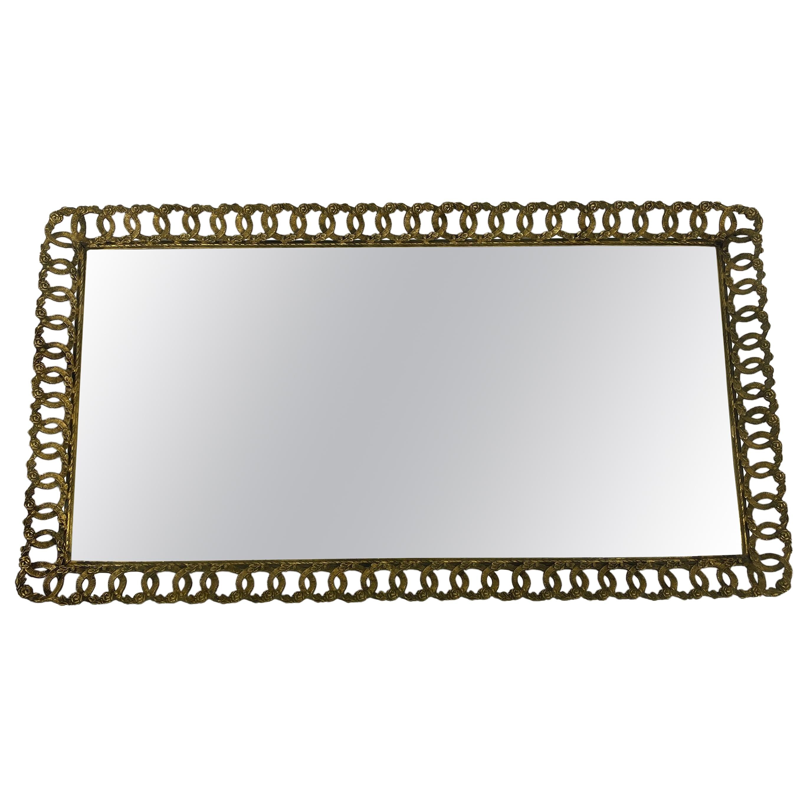 Hollywood Regency Gilded Mirrored Serving Tray with Filigree Design