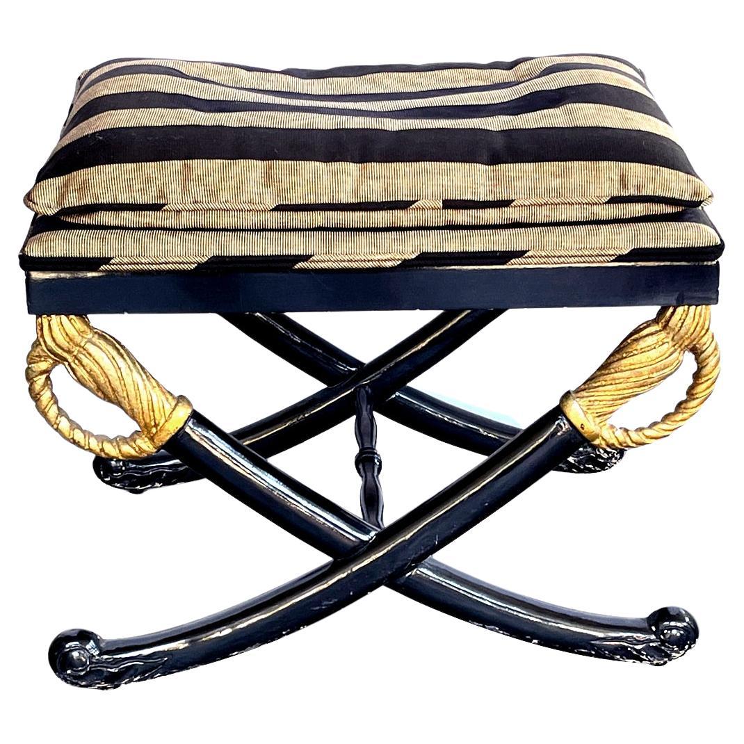 Empire Style Ebonized Cross-Sword Bench with Gilt Highlights For Sale