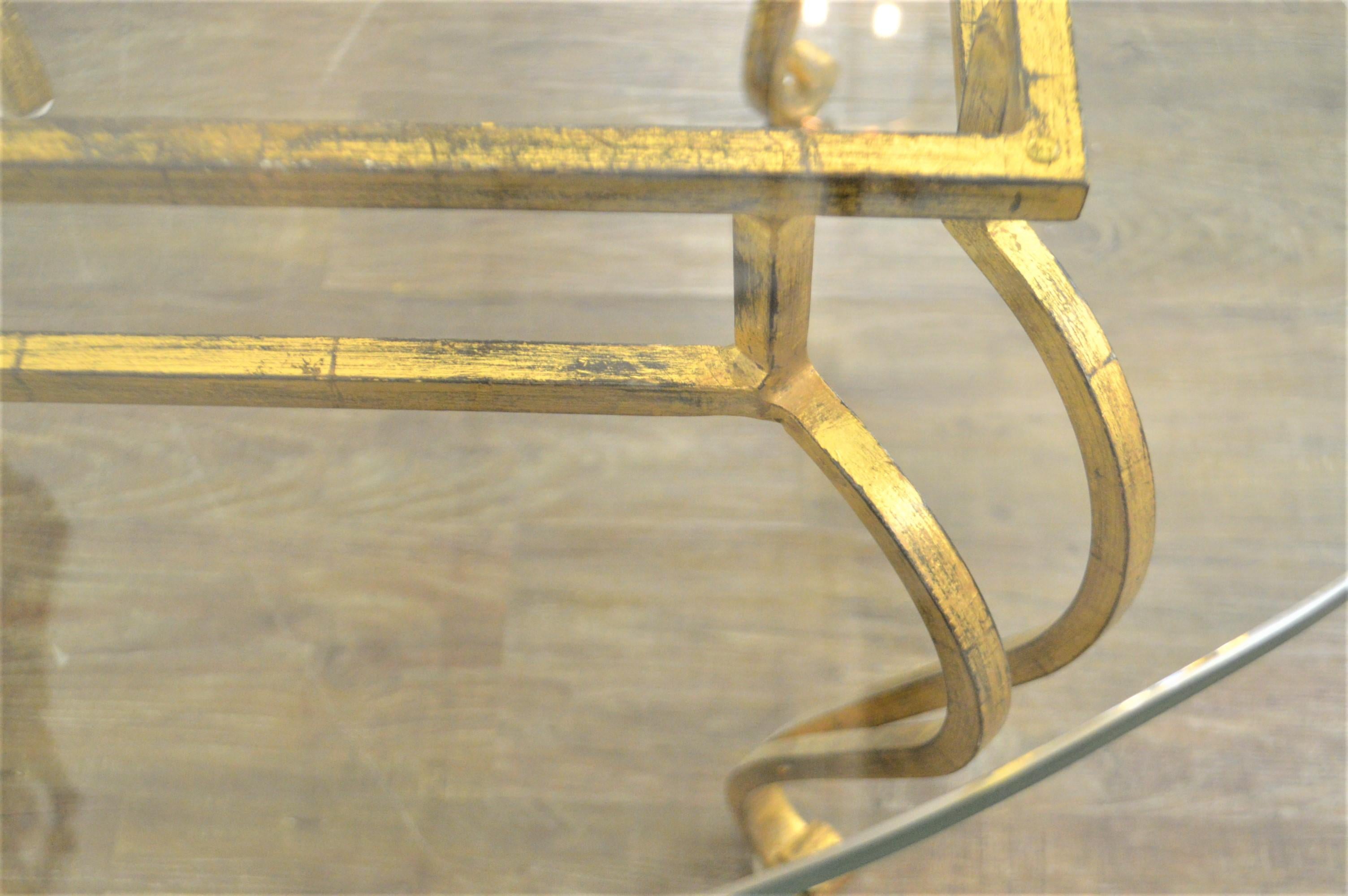 Gilt Hollywood Regency Gilded Wrought Iron Round Center Table with Thick Glass Top For Sale