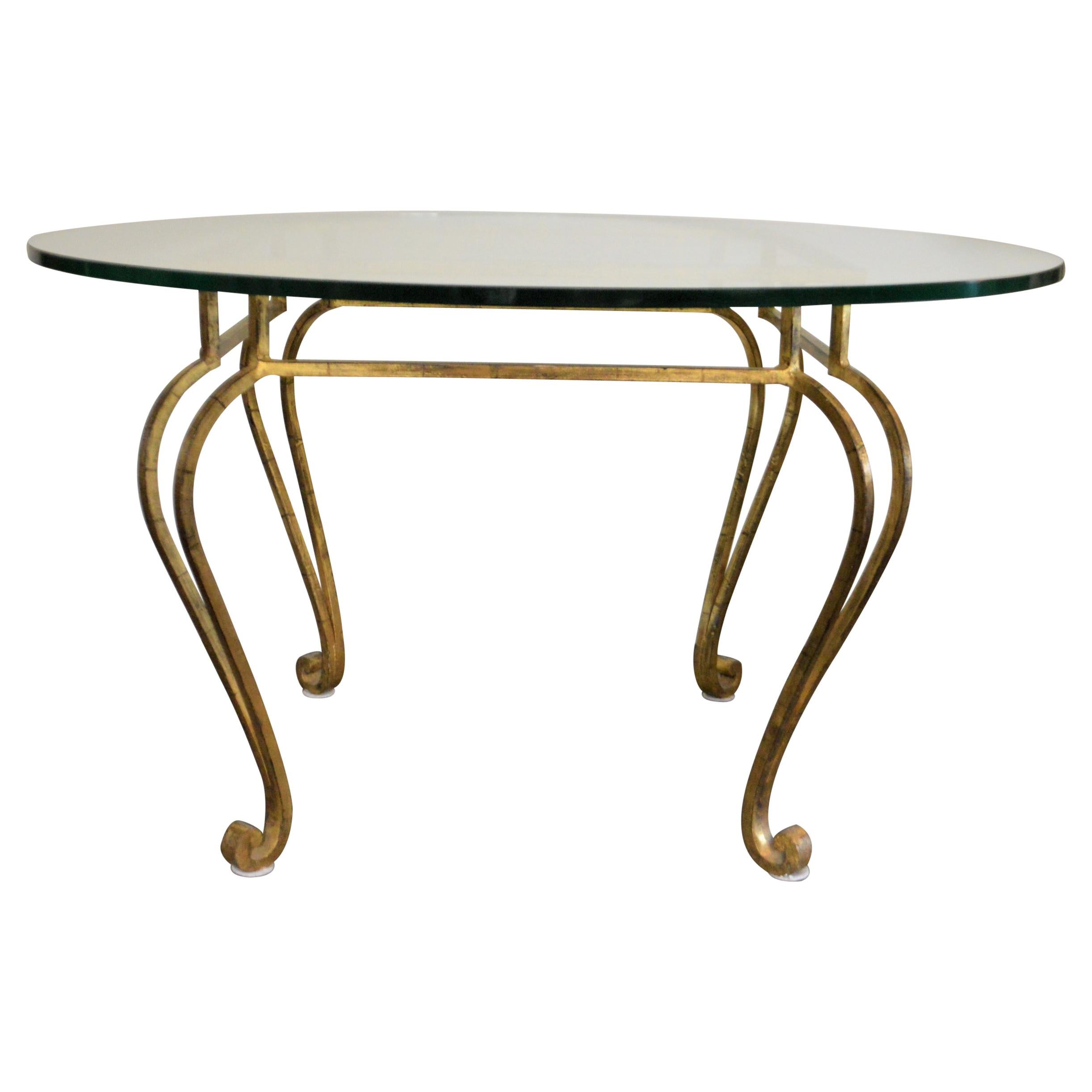 Hollywood Regency Gilded Wrought Iron Round Center Table with Thick Glass Top For Sale