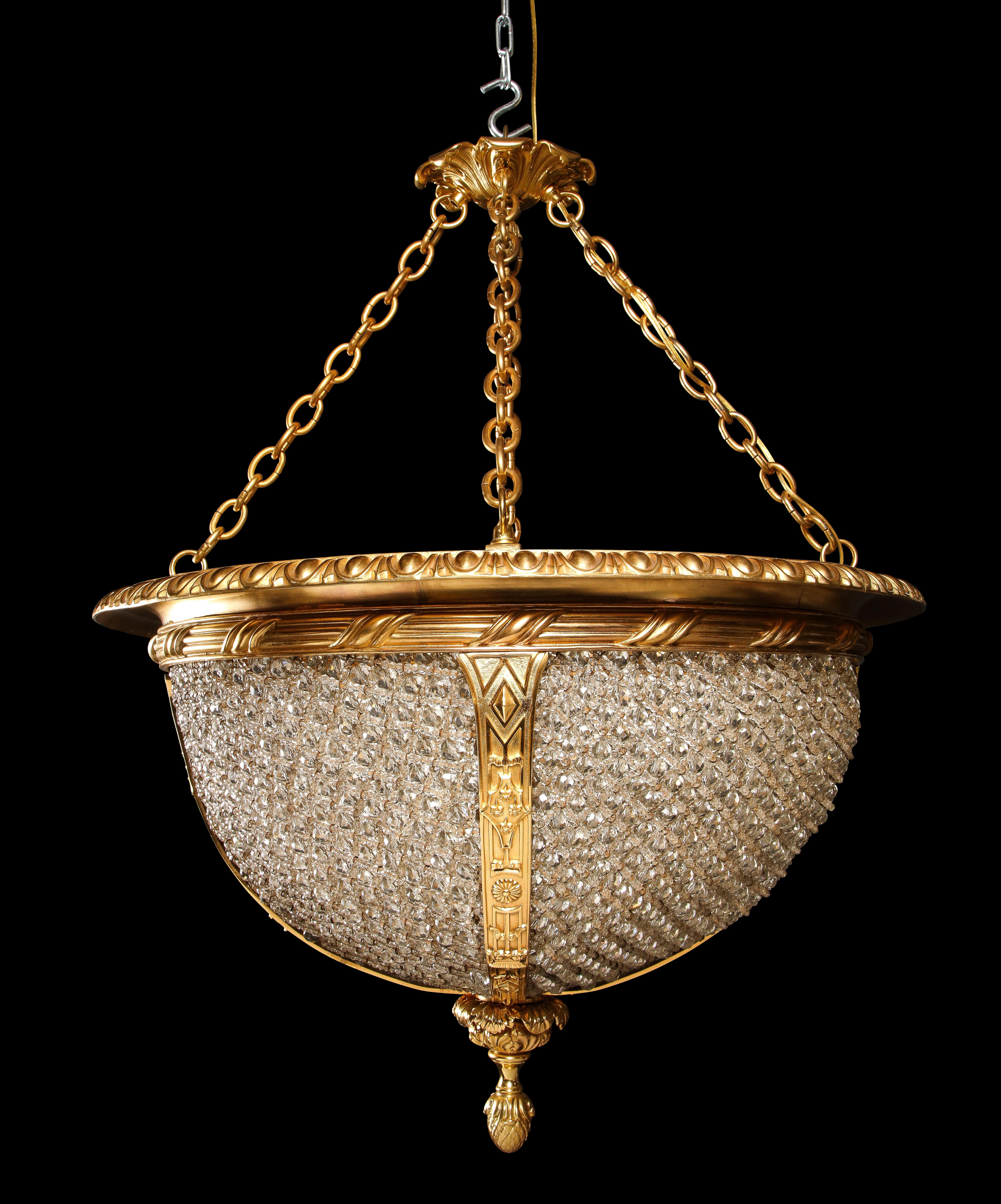 Hollywood Regency Gilt Bronze and beaded glass Circular Chandelier In Good Condition For Sale In New York, NY