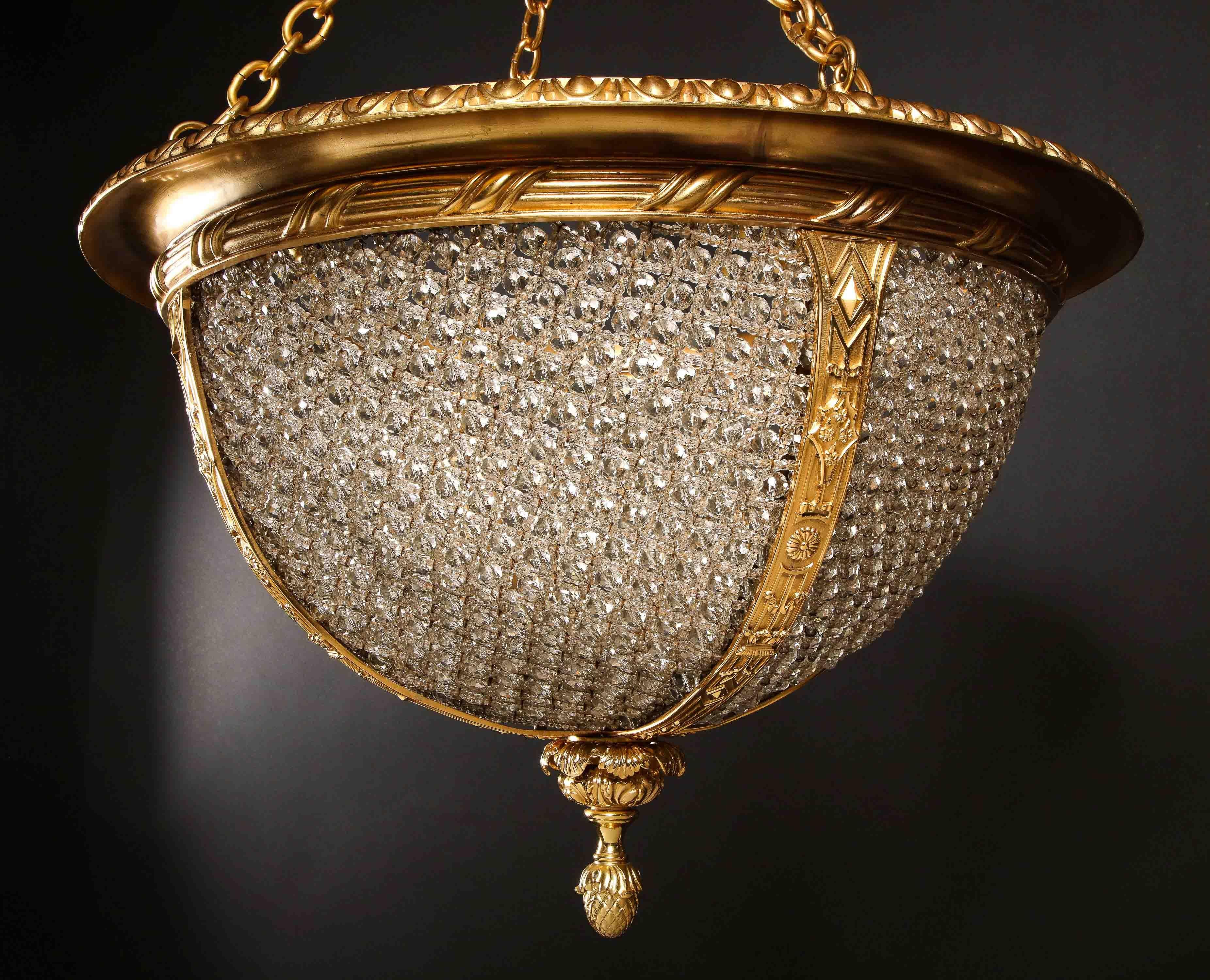 20th Century Hollywood Regency Gilt Bronze and beaded glass Circular Chandelier For Sale