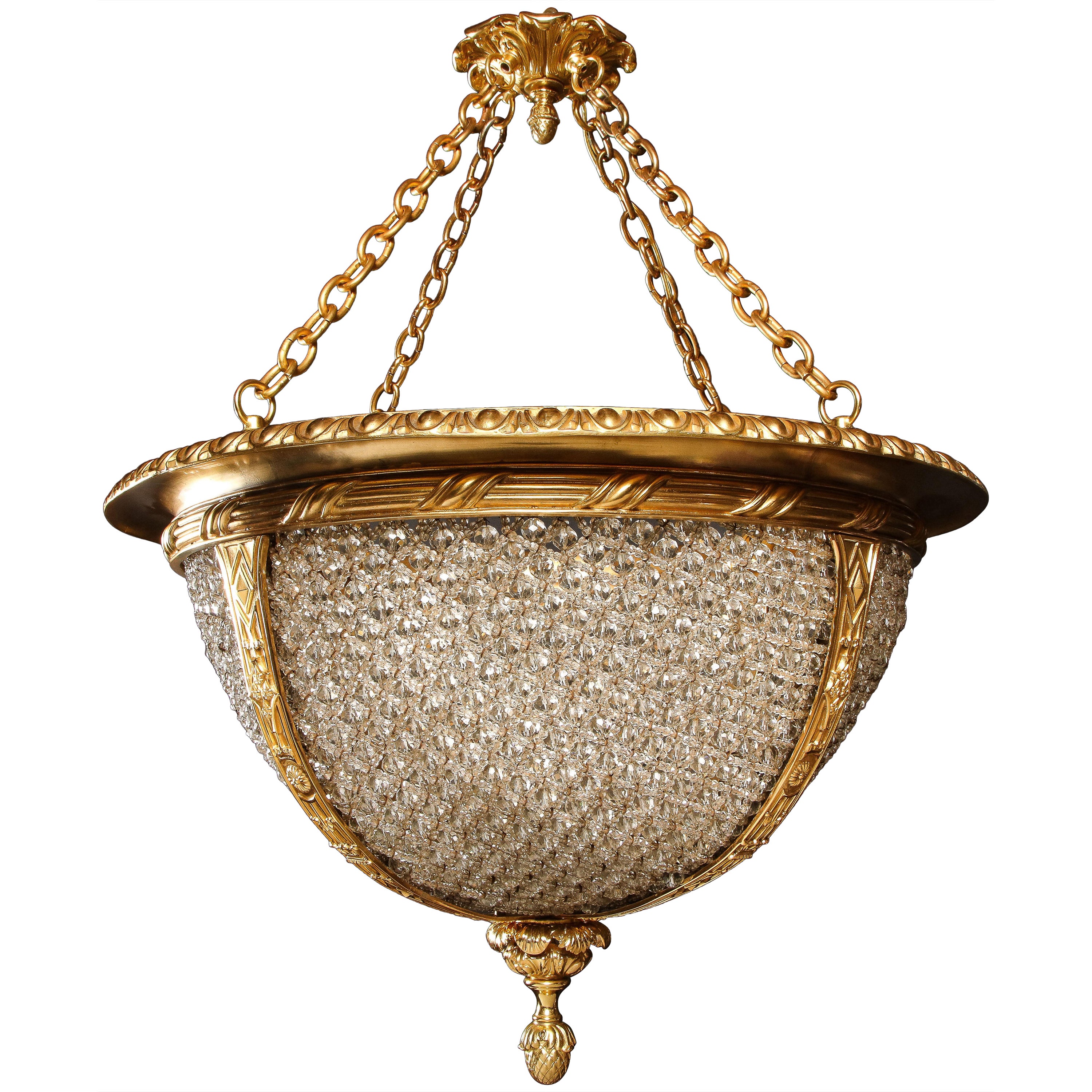 Hollywood Regency Gilt Bronze and beaded glass Circular Chandelier For Sale