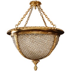 Hollywood Regency Gilt Bronze and beaded glass Circular Chandelier