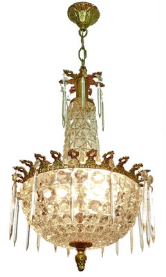 Hollywood Regency Gilt Bronze and Thick Glass, Crystal Teardrop Chandelier