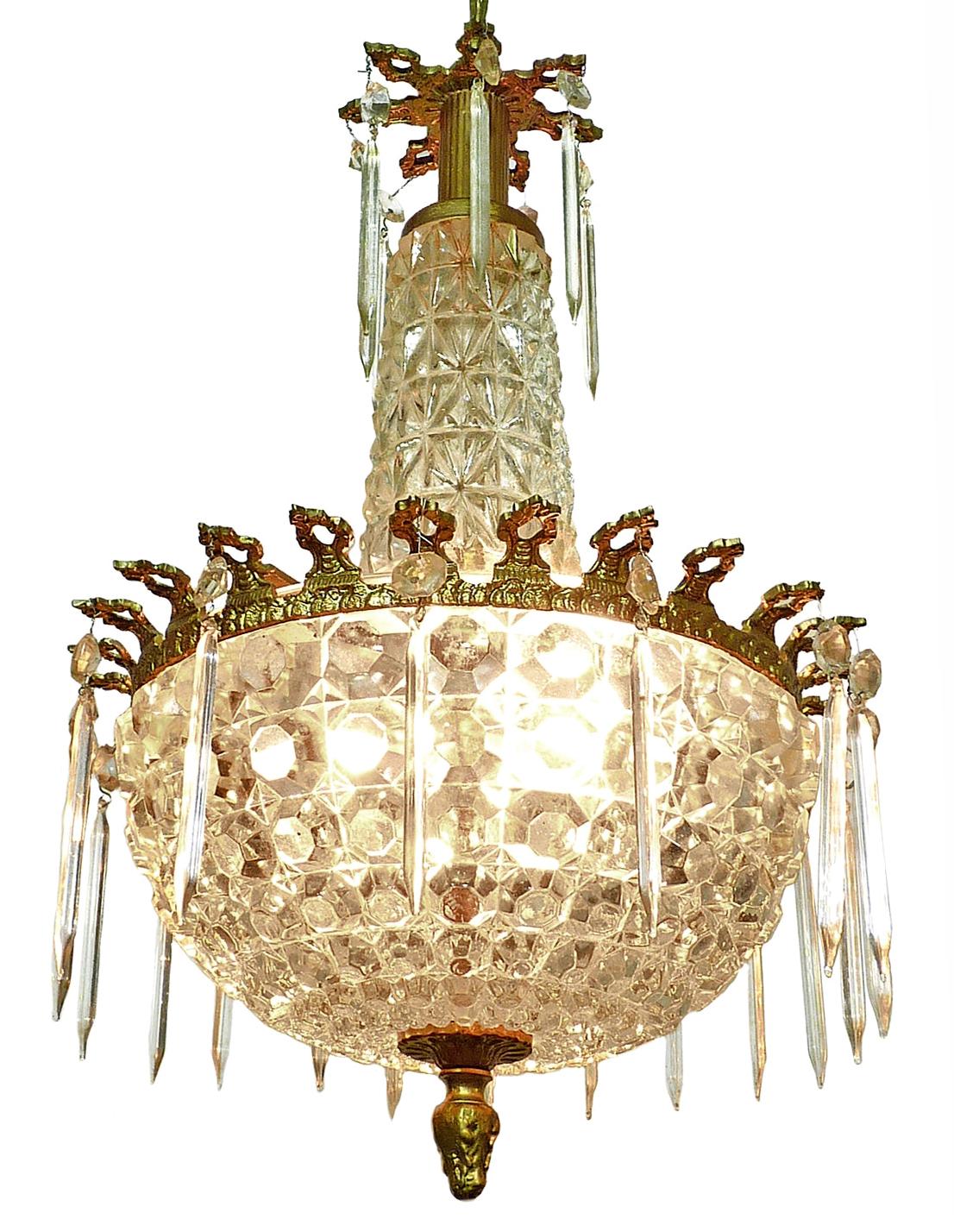 Art Deco Hollywood Regency Gilt Bronze and Thick Glass, Crystal Teardrop Chandelier For Sale