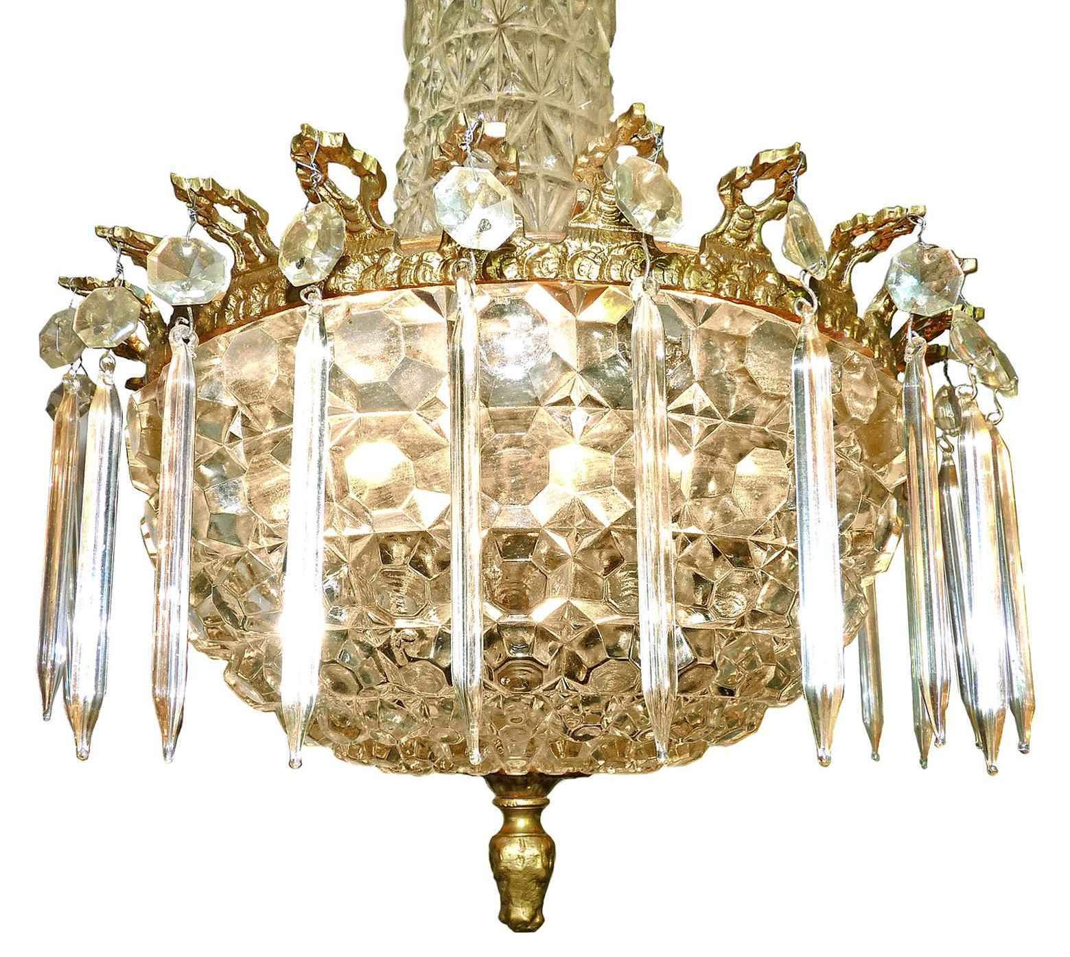 French Hollywood Regency Gilt Bronze and Thick Glass, Crystal Teardrop Chandelier For Sale