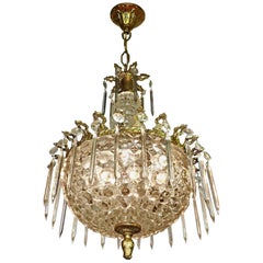 Retro Hollywood Regency Gilt Bronze and Thick Glass, Crystal Teardrop Chandelier