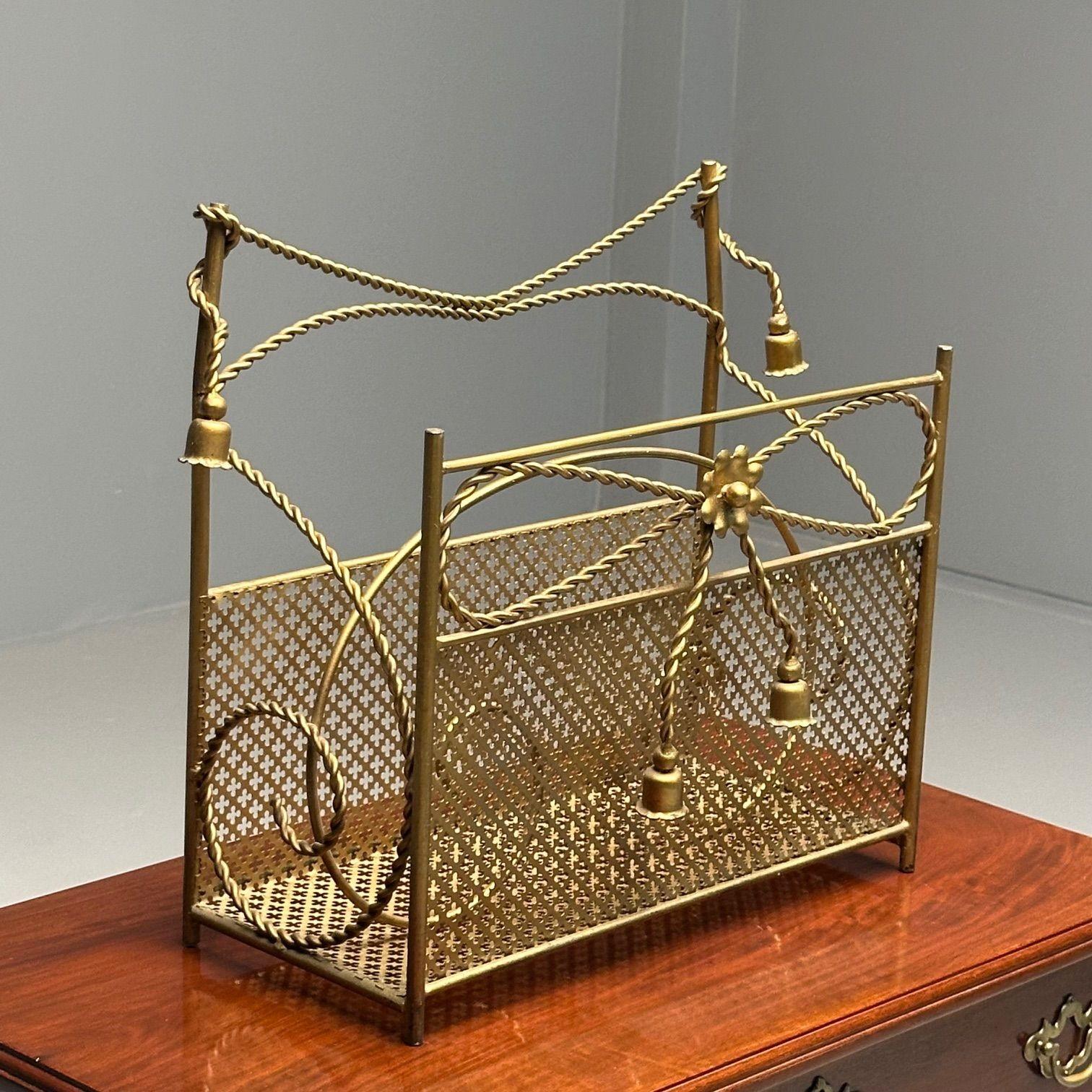Hollywood Regency Gilt Bronze Magazine Rack, Rope an Tassel Form In Good Condition For Sale In Stamford, CT