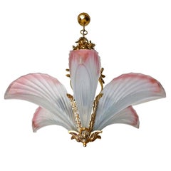 Hollywood Regency Gilt Bronze Palm Tree Art Deco Chandelier w Pink Frosted Glass
