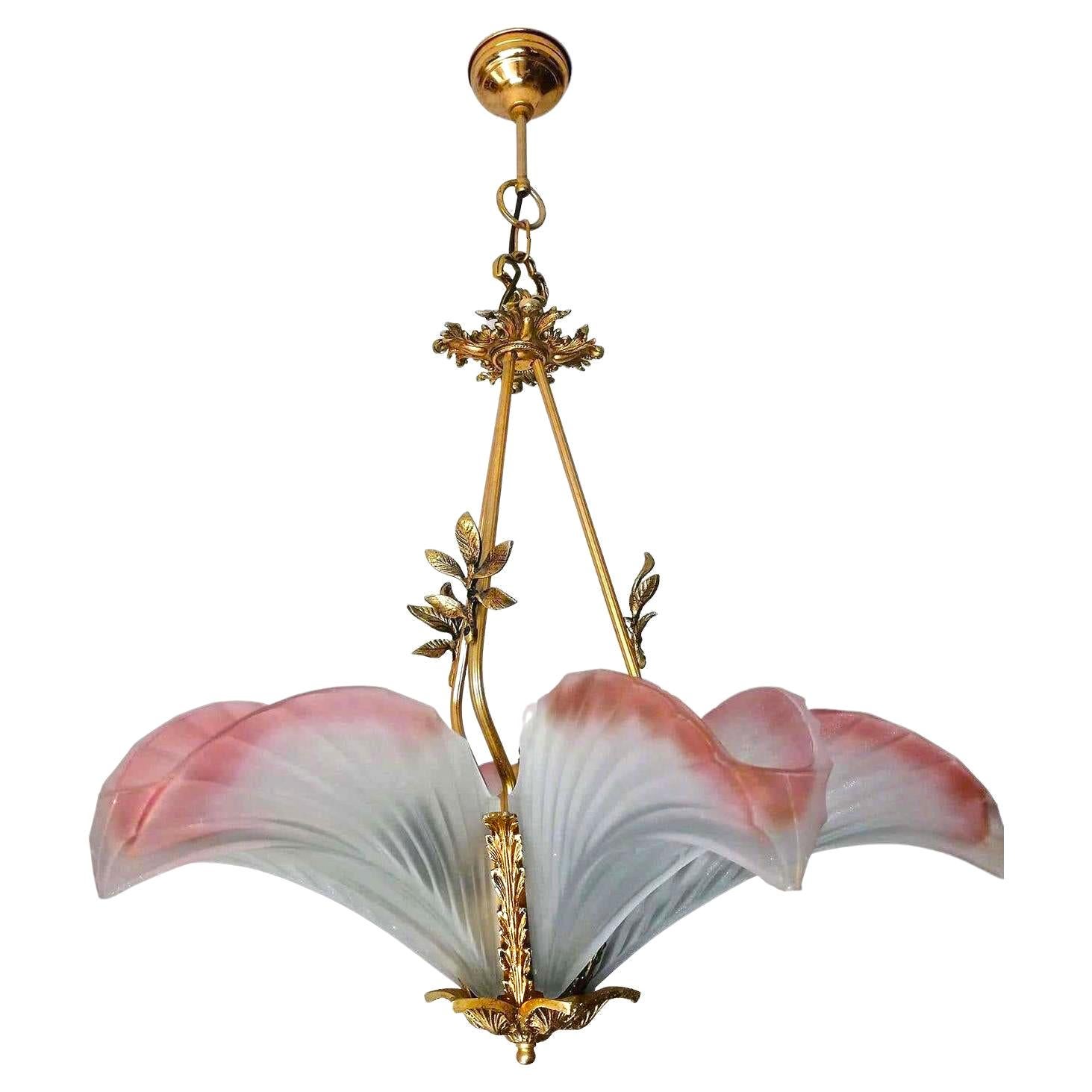 French Hollywood Regency Gilt Bronze Palm Tree Art Deco Chandelier w Pink Frosted Glass For Sale
