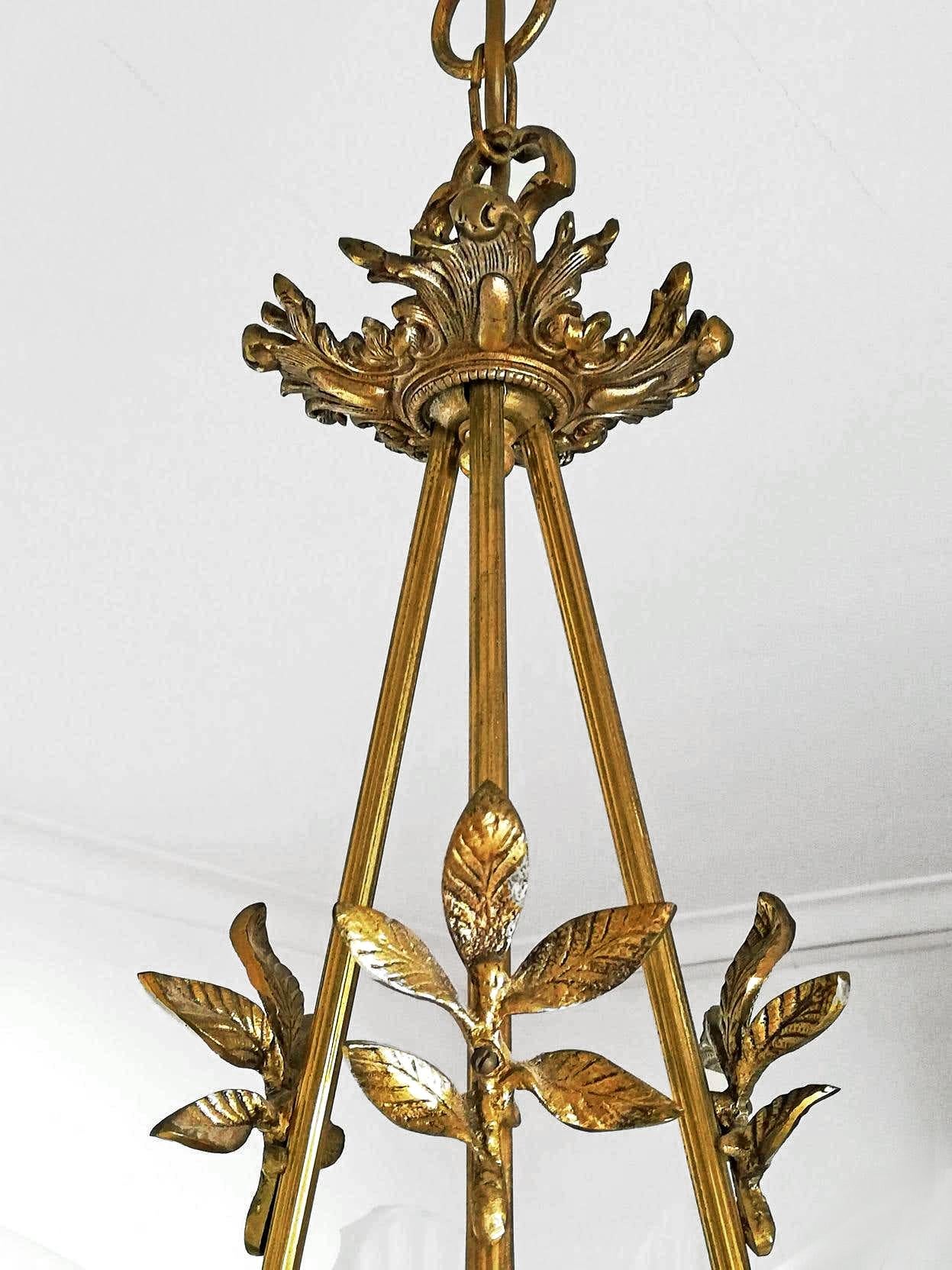 Hollywood Regency Gilt Bronze Palm Tree Art Deco Chandelier w Pink Frosted Glass For Sale 3