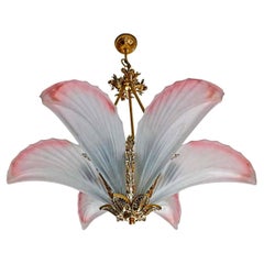 Hollywood Regency Gilt Bronze Palm Tree Art Deco Chandelier w Pink Frosted Glass