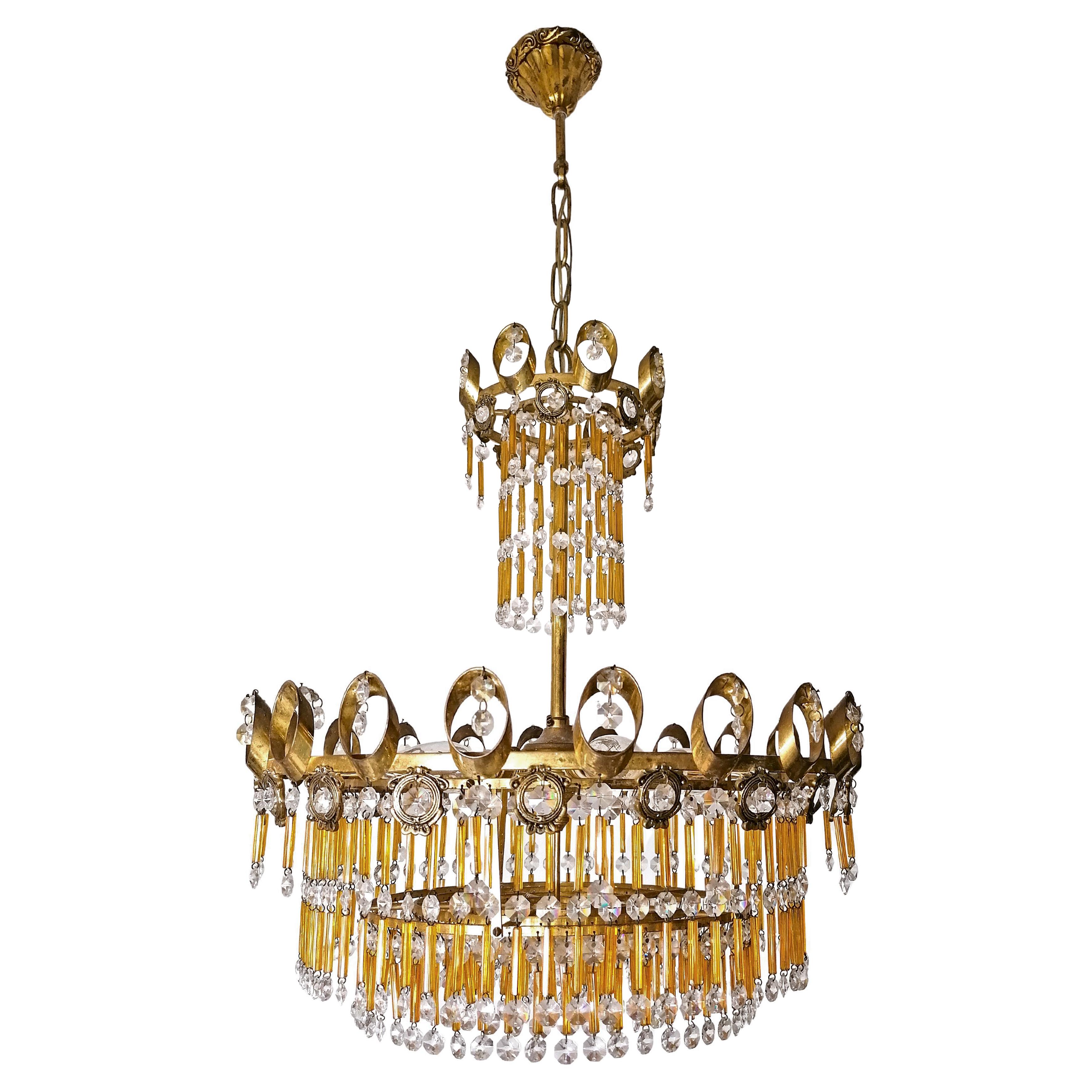 Araña Dorada Hollywood Regency con Flecos de Paja en Cristal de Murano Ámbar Con cuentas en venta