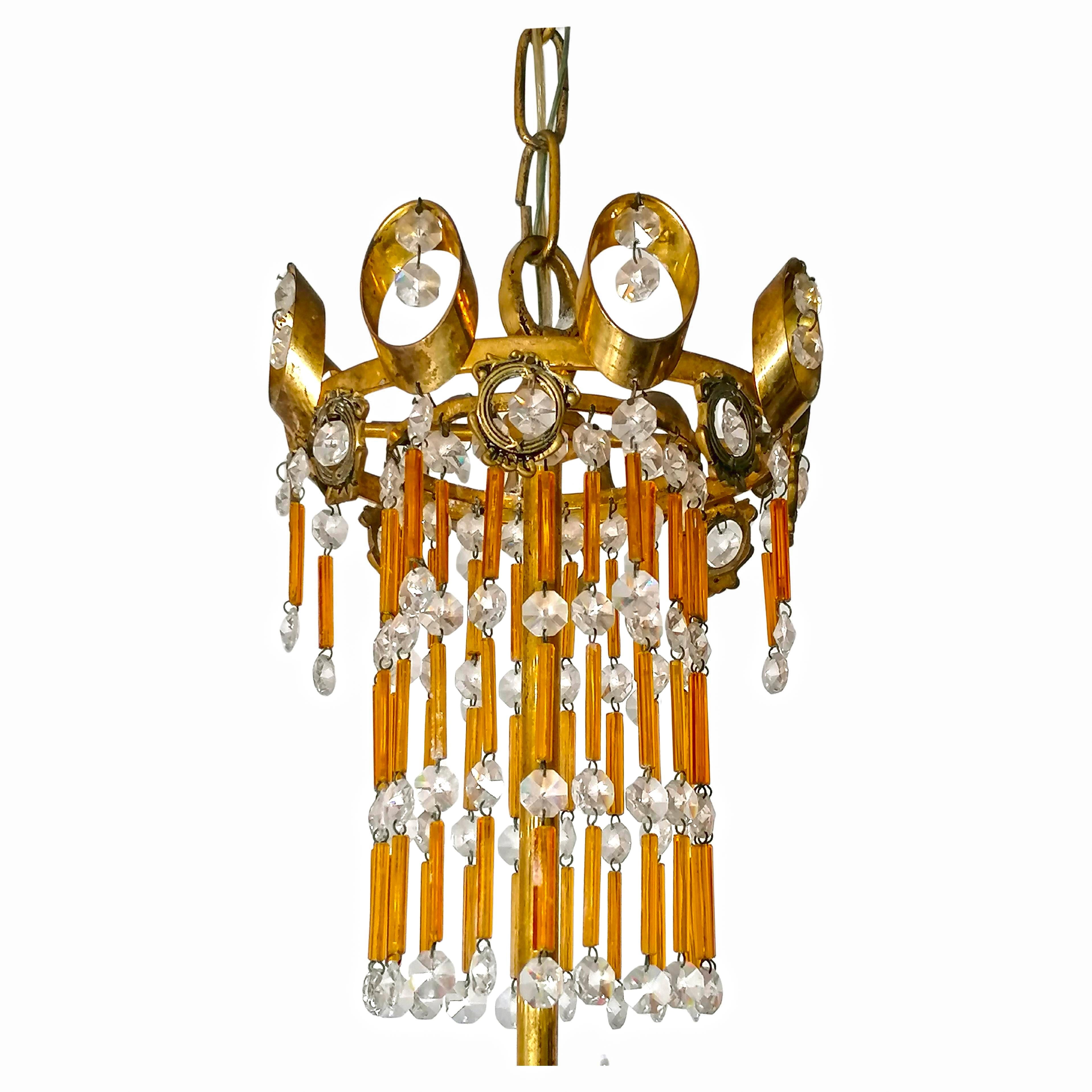 Araña Dorada Hollywood Regency con Flecos de Paja en Cristal de Murano Ámbar en Bueno estado para la venta en Coimbra, PT
