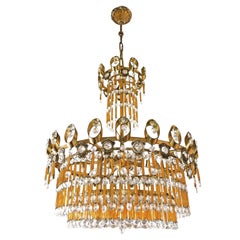 Hollywood Regency Gilt Chandelier with Straw Fringe in Amber Murano Glass