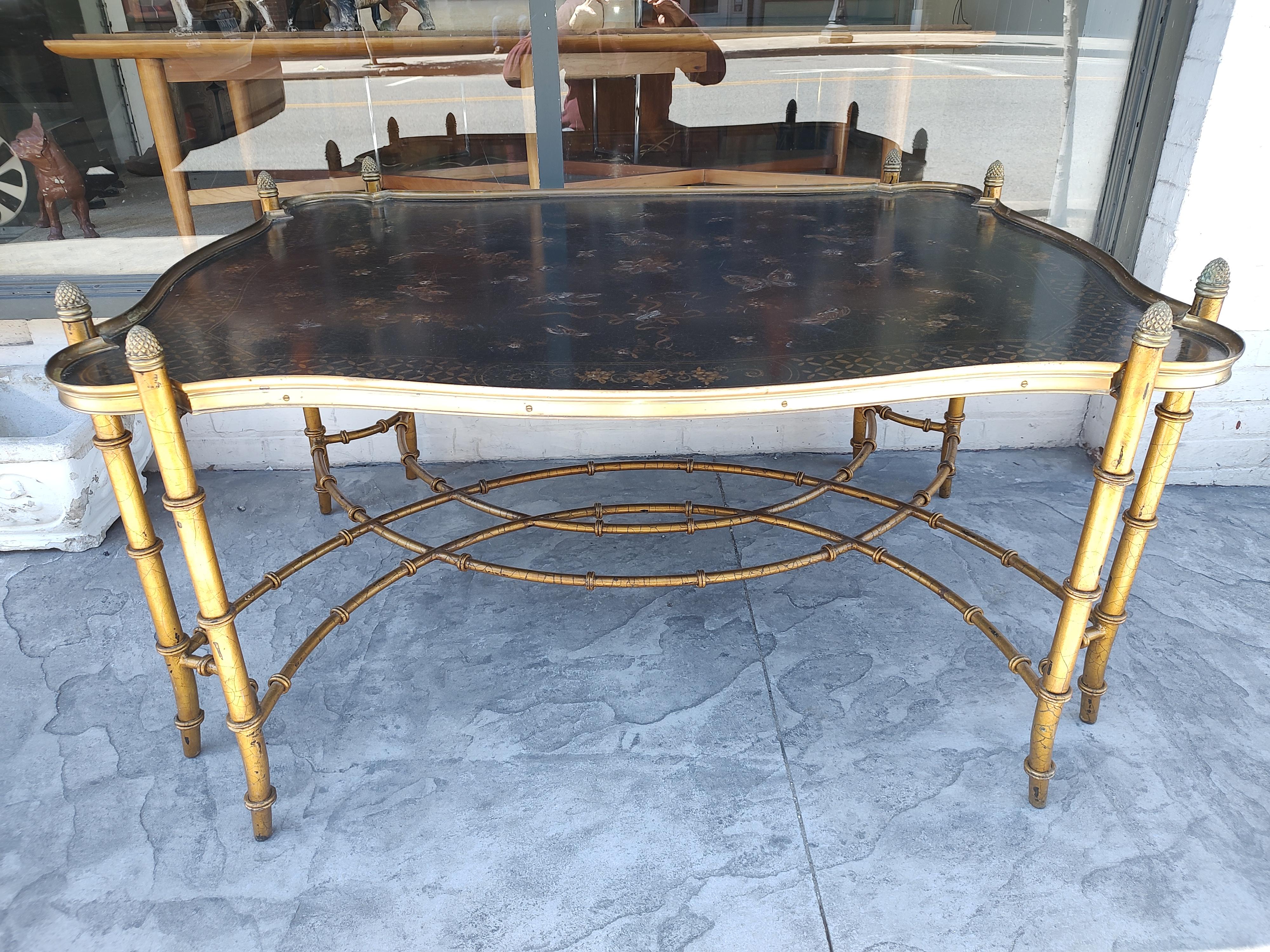 Hollywood Regency Gilt Faux Bamboo Cocktail Table w Embossed Butterflies & Birds 3