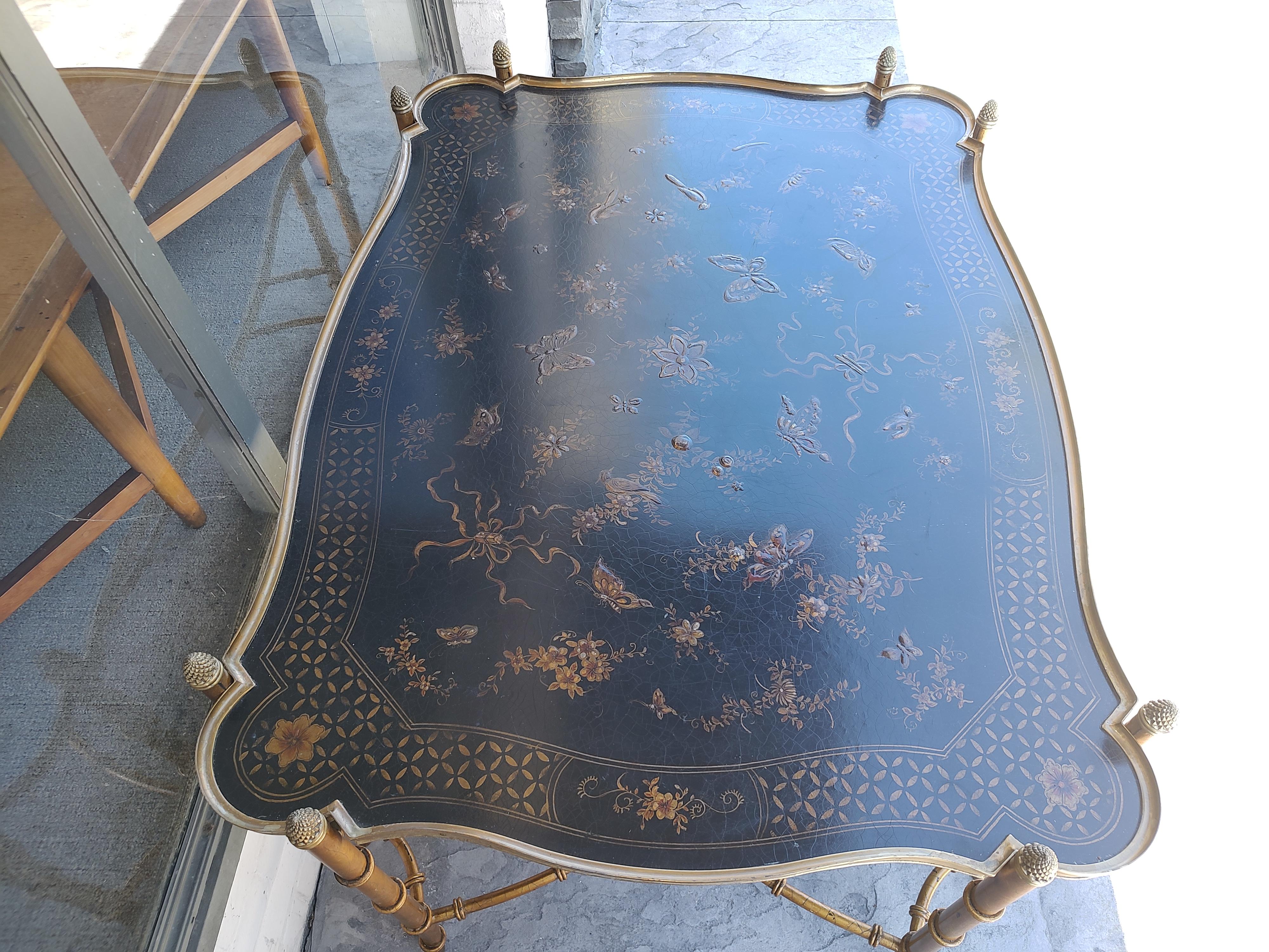 Hollywood Regency Gilt Faux Bamboo Cocktail Table w Embossed Butterflies & Birds 8