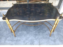 Hollywood Regency Gilt Faux Bamboo Cocktail Table w Embossed Butterflies & Birds
