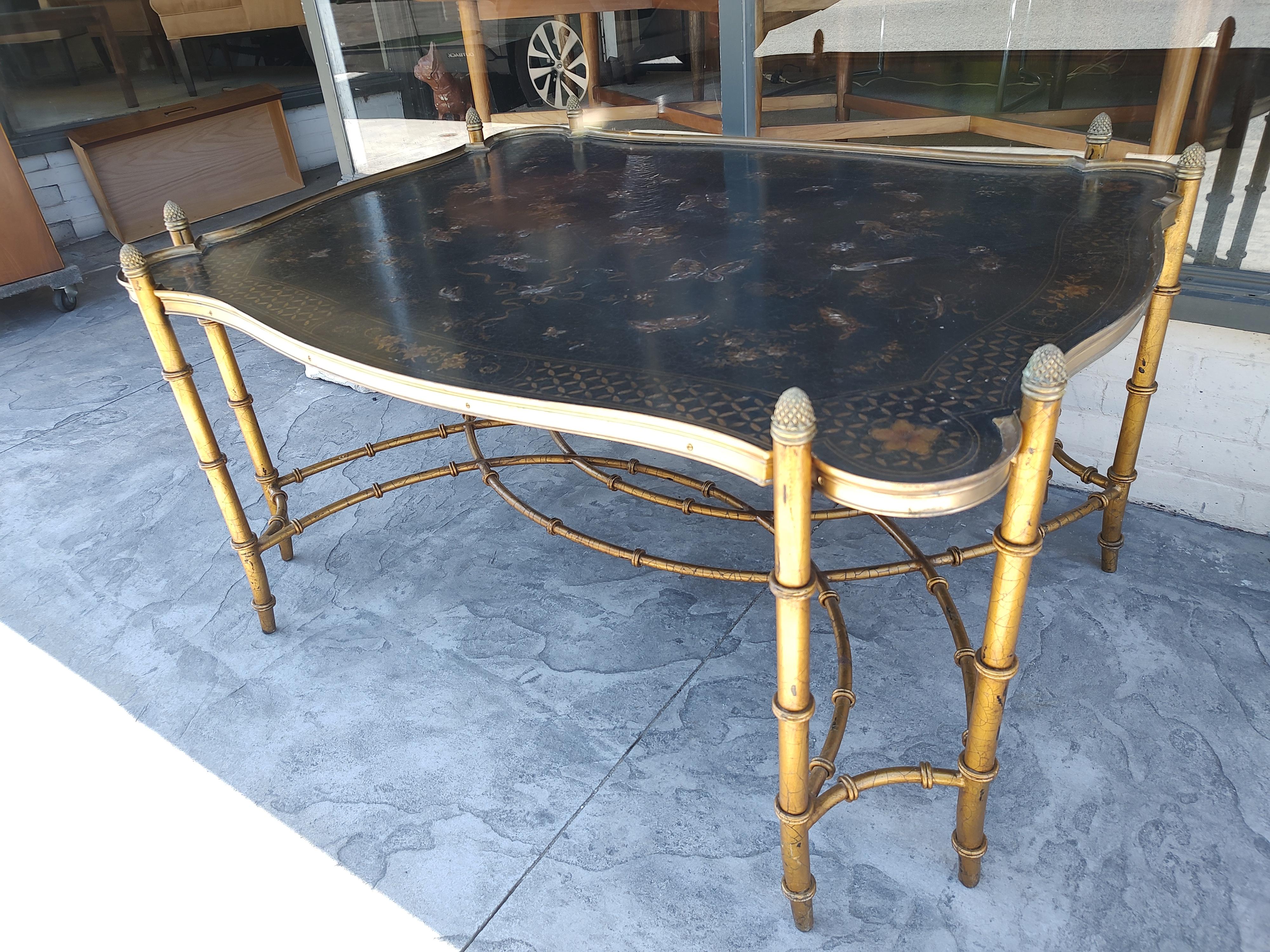Chinoiserie Hollywood Regency Gilt Faux Bamboo Cocktail Table w Embossed Butterflies & Birds