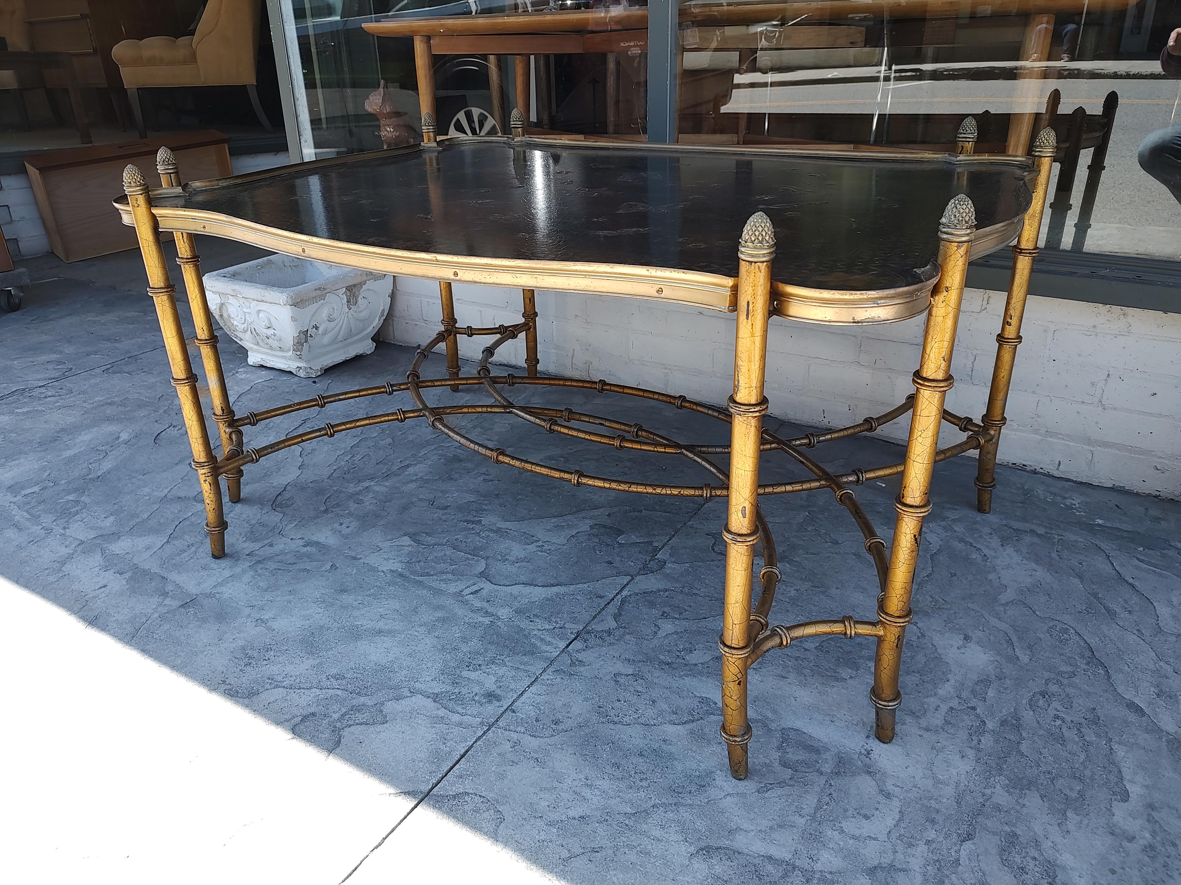 Italian Hollywood Regency Gilt Faux Bamboo Cocktail Table w Embossed Butterflies & Birds