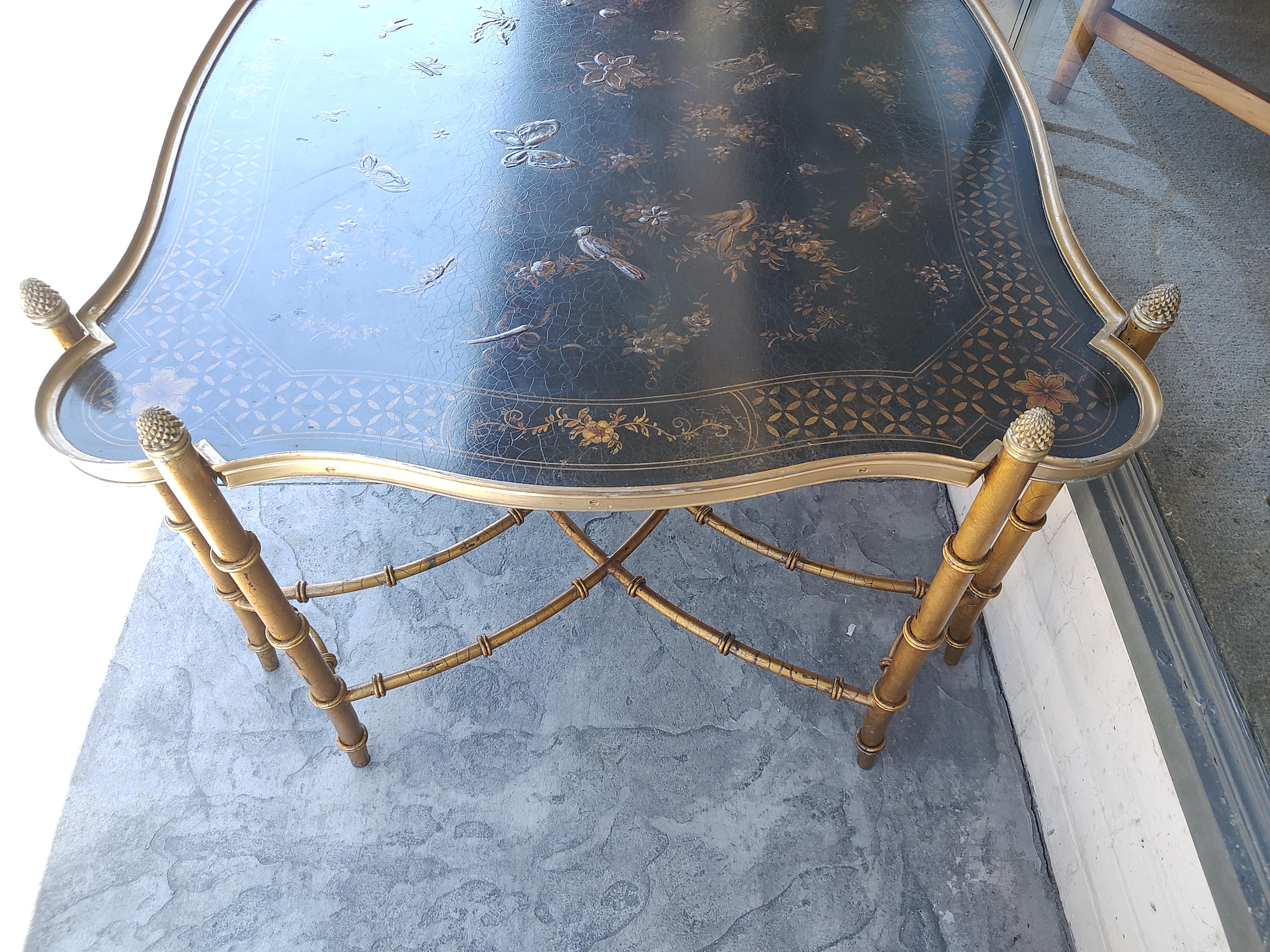 Cast Hollywood Regency Gilt Faux Bamboo Cocktail Table w Embossed Butterflies & Birds