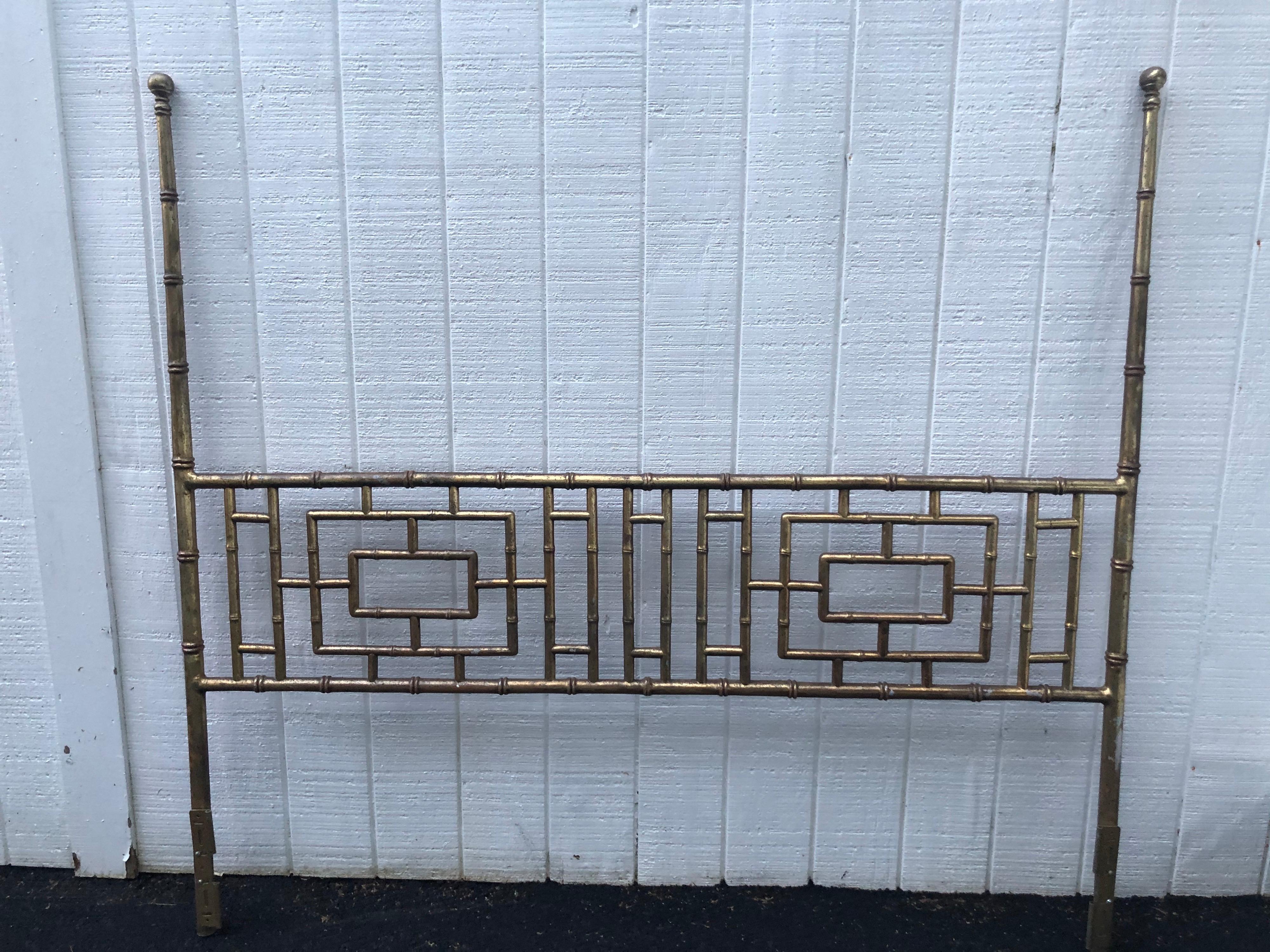 Chinese Chippendale Hollywood Regency Gilt Iron Faux Bamboo King Headboard