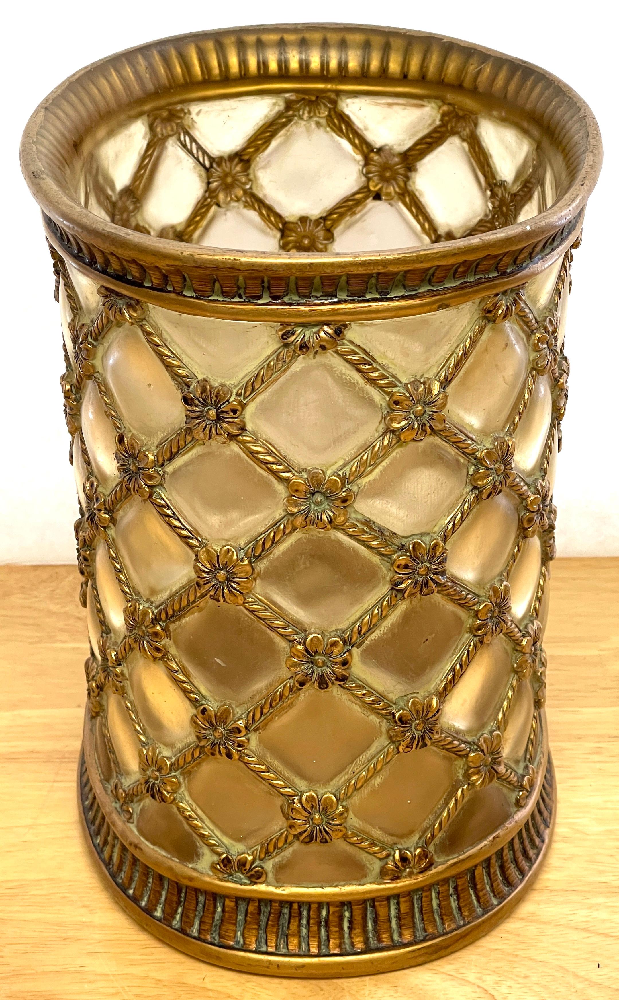 Hollywood Regency Gilt & Frosted Lucite Wastepaper Basket / Trash Can In Good Condition In West Palm Beach, FL