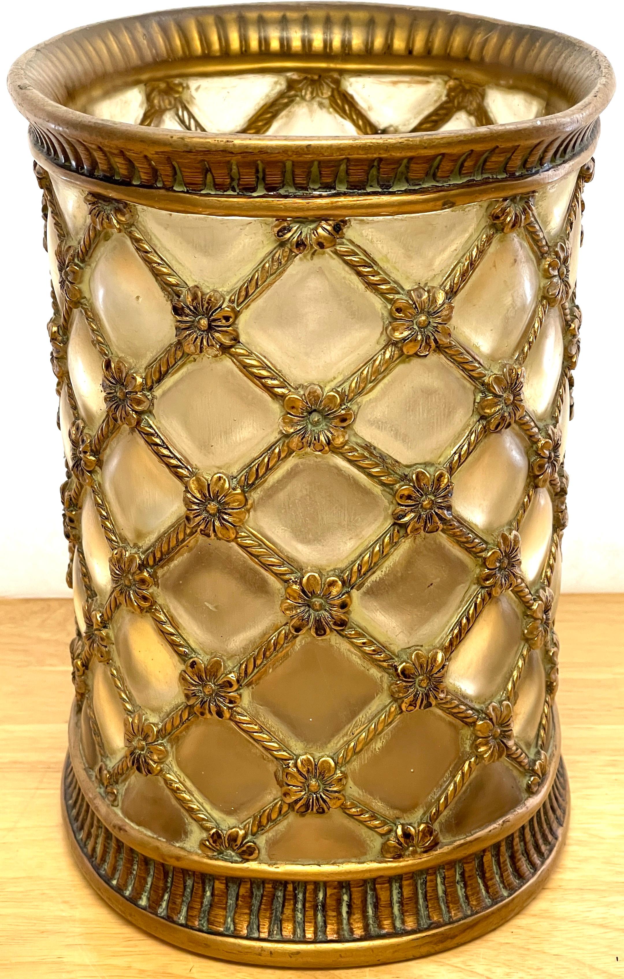 20th Century Hollywood Regency Gilt & Frosted Lucite Wastepaper Basket / Trash Can