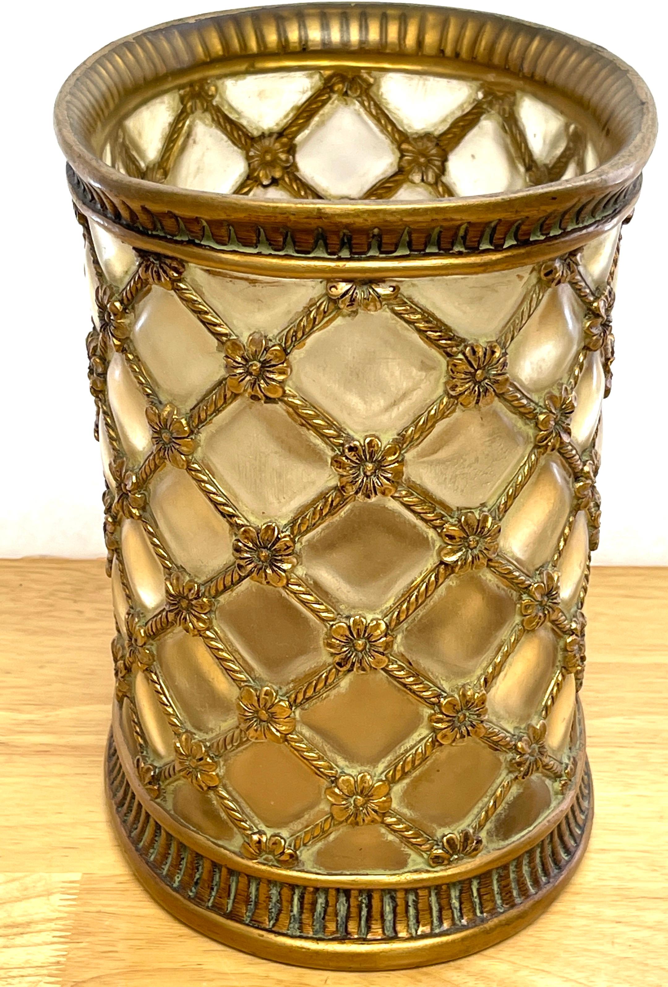 Hollywood Regency Gilt & Frosted Lucite Wastepaper Basket / Trash Can 3